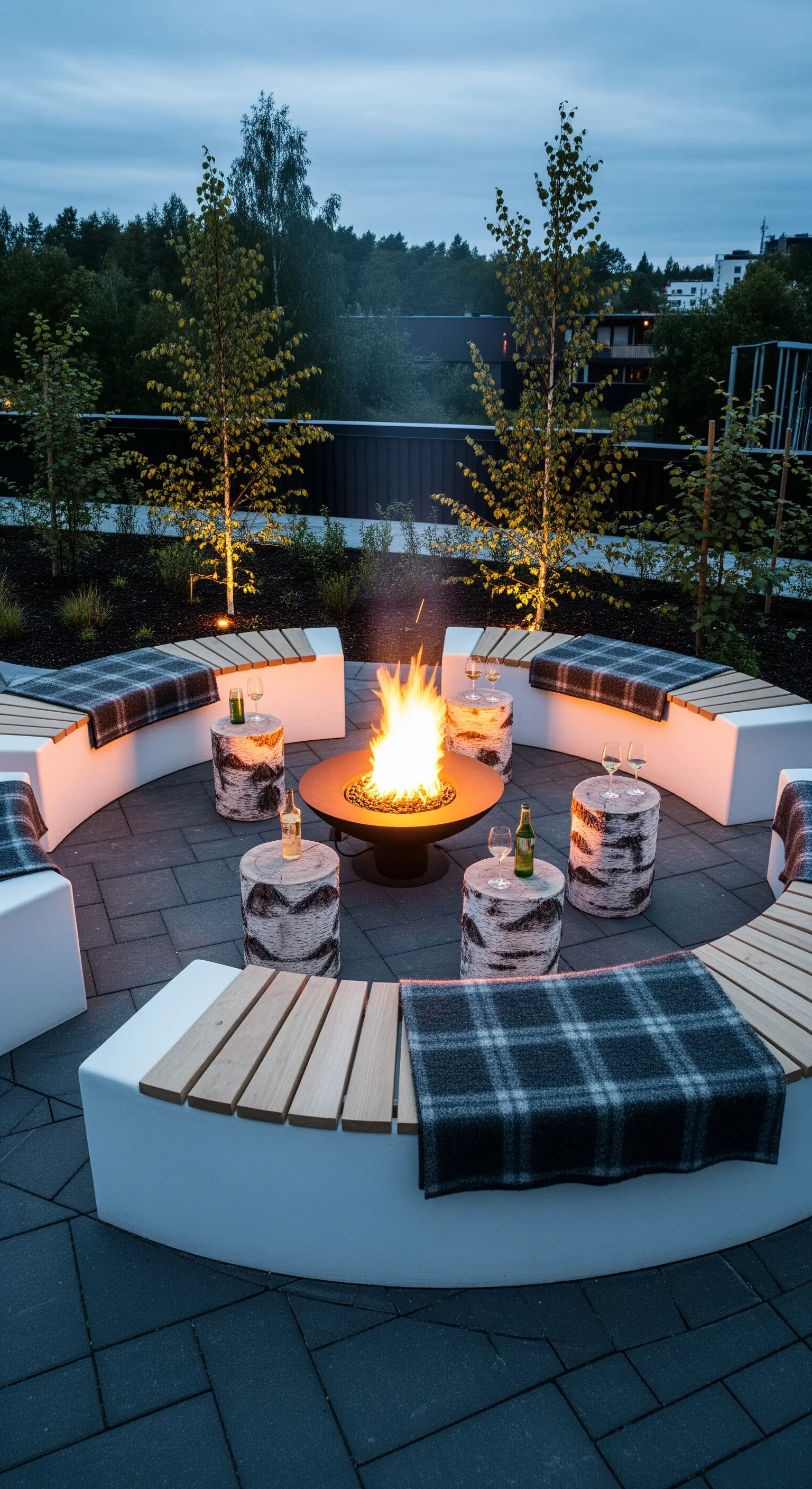 Braciere moderno circondato da panche curve, plaid e tavolini in tronchi di betulla.