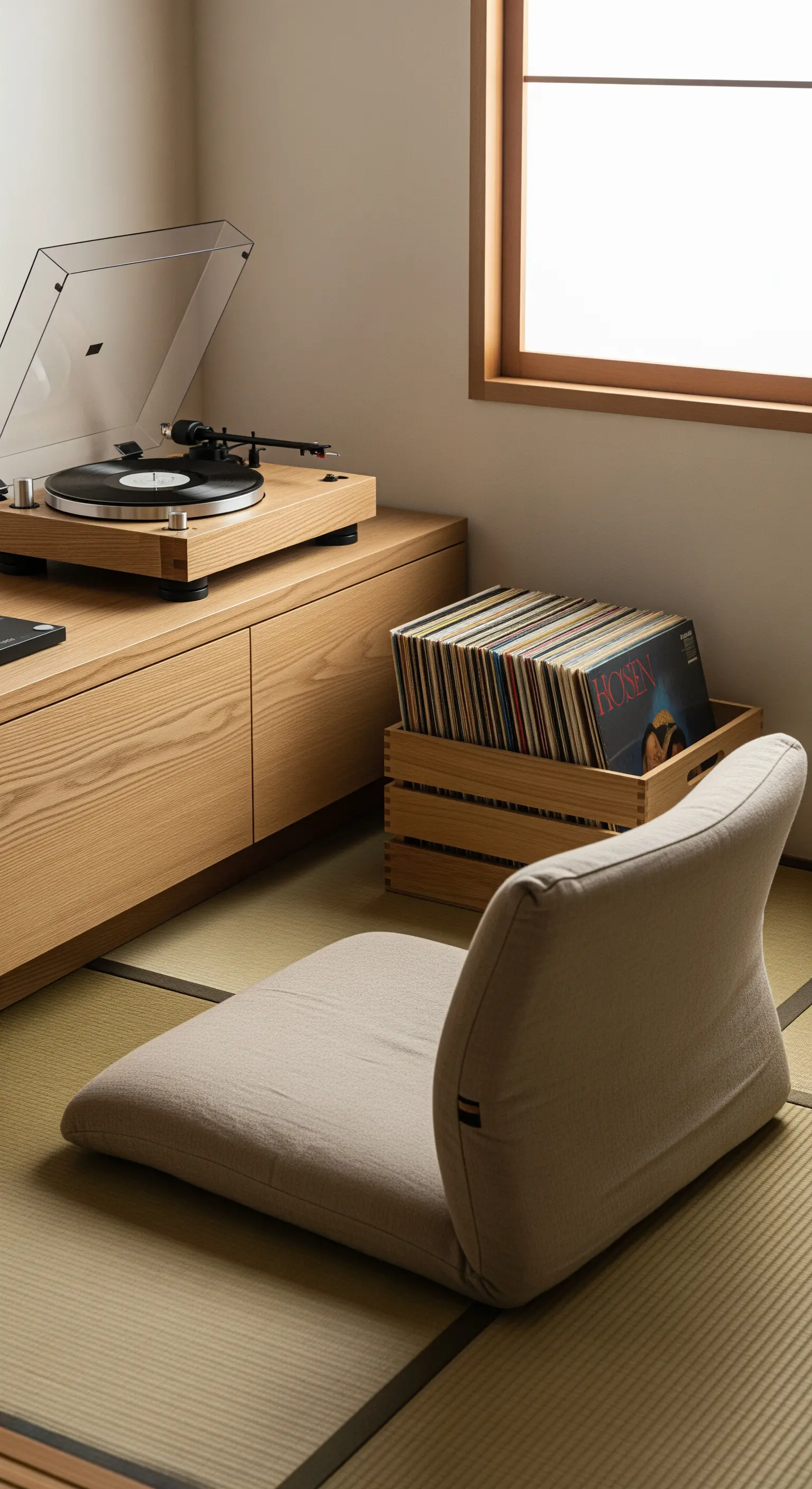 Angolo musica con giradischi su mobile in legno, cassa di vinili e una sedia da terra.