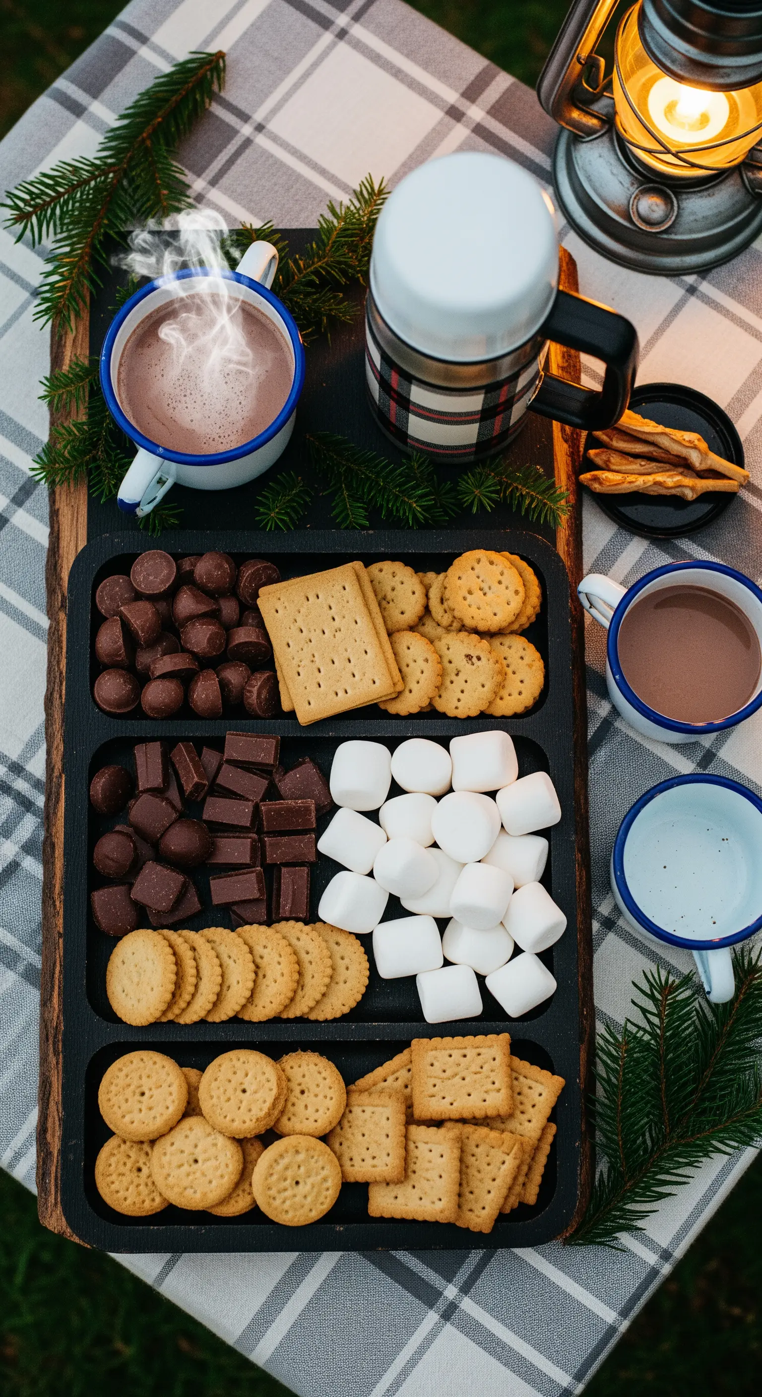Vassoio con ingredienti per s'mores: cioccolato, marshmallow, biscotti e cioccolata calda.