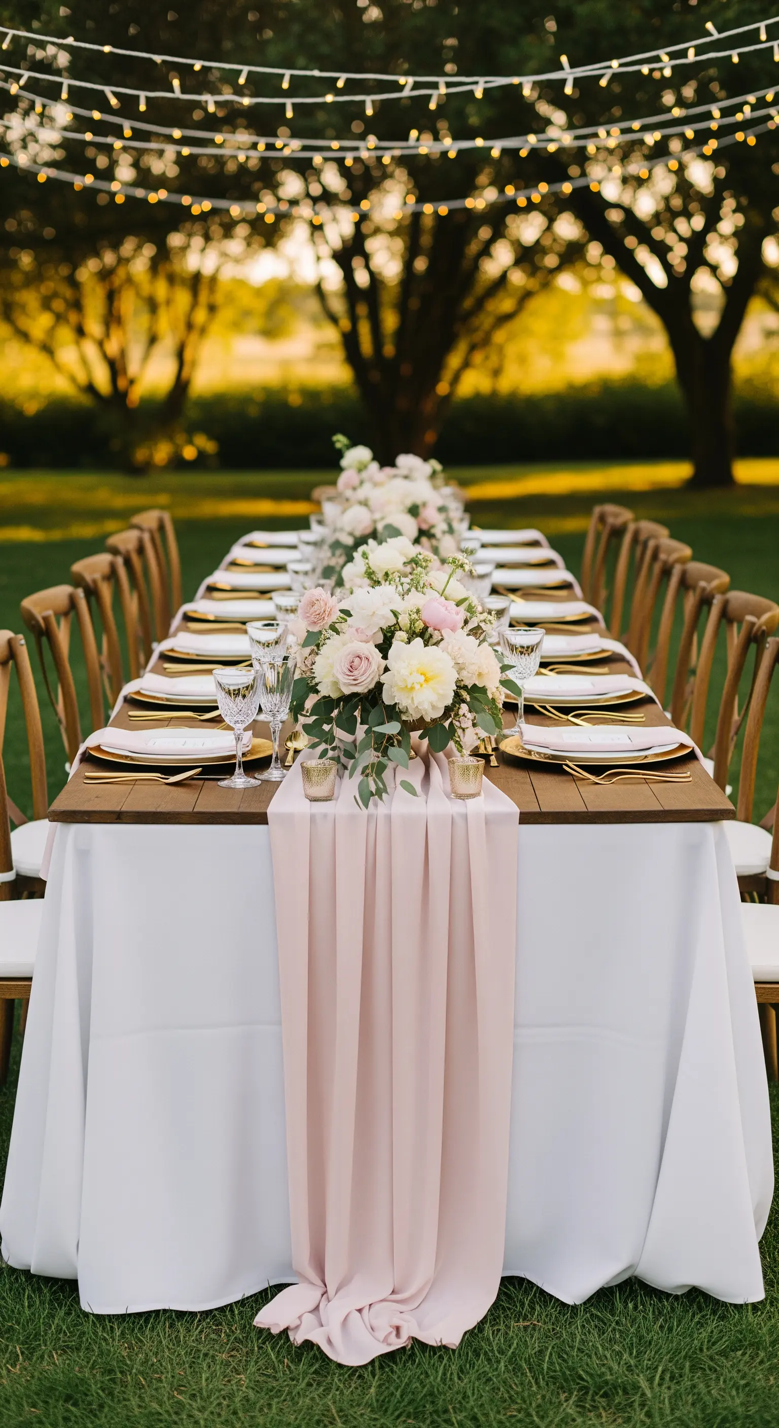 Tavolo da matrimonio in giardino con runner rosa, centrotavola fiorito e luci calde sospese.
