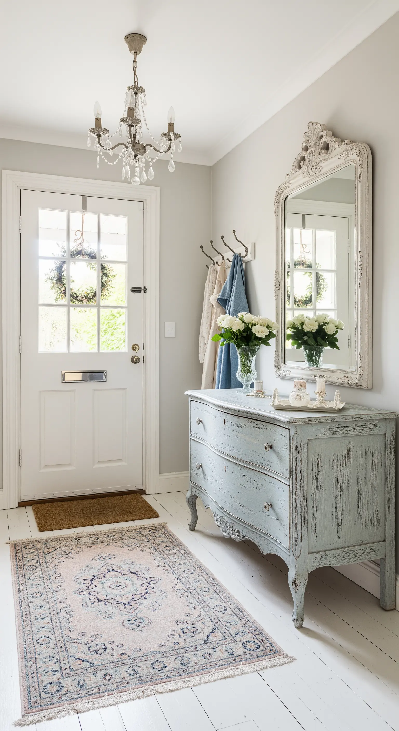 Ingresso shabby chic con cassettone azzurro anticato e specchio bianco intagliato.