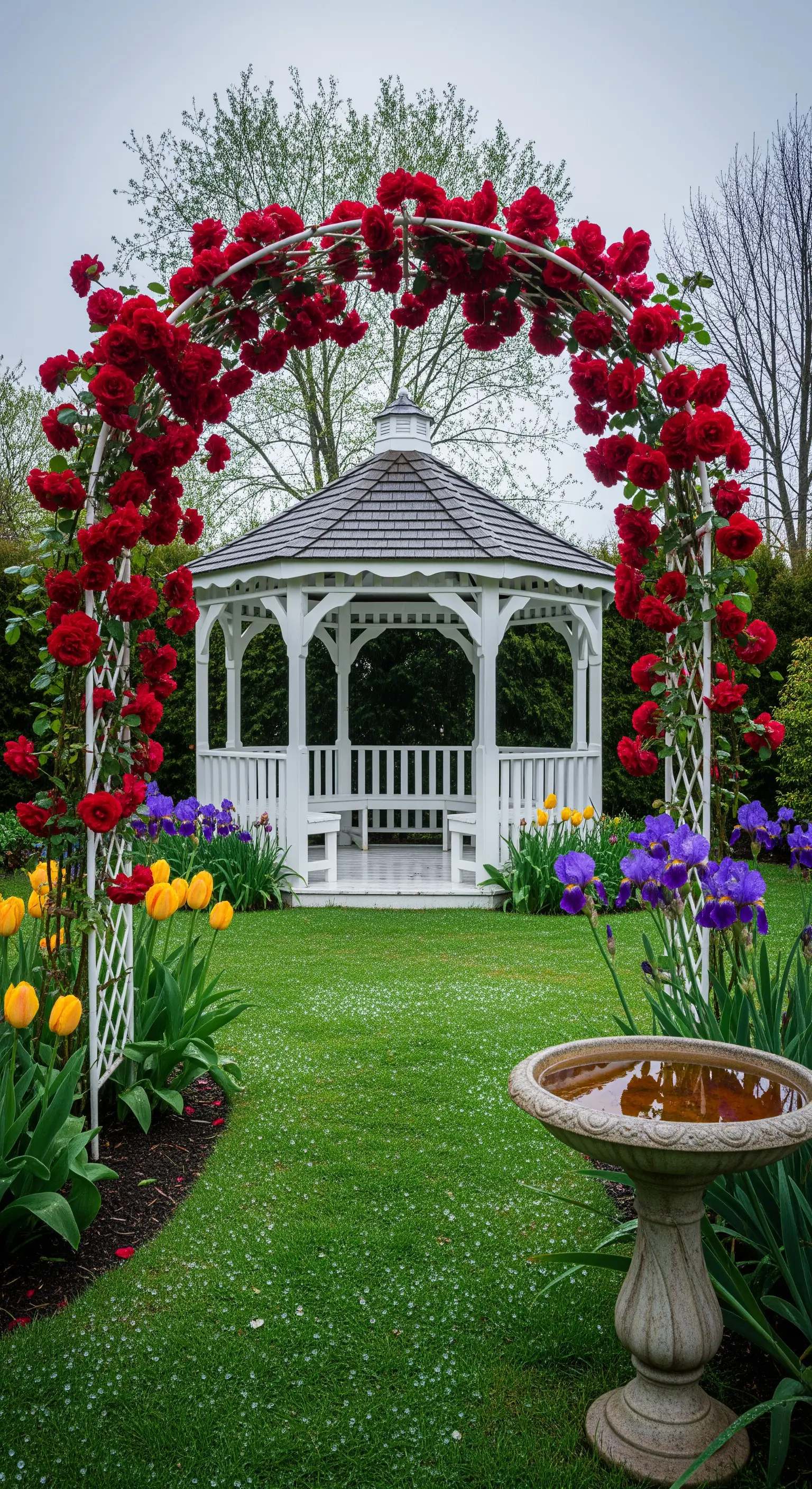 Arco di rose rosse che incornicia un gazebo bianco, con aiuole di tulipani gialli e iris viola.