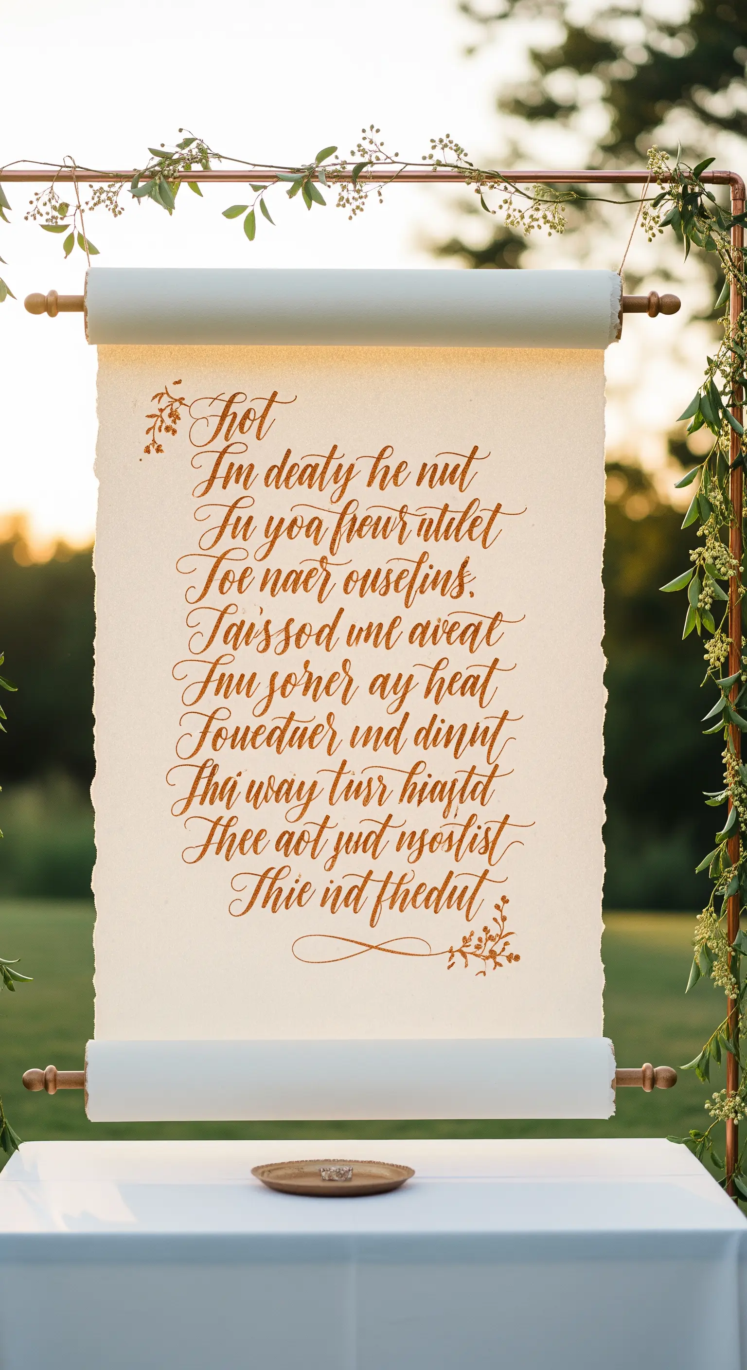 Grande pergamena con testo calligrafico appesa a una struttura in rame per una cerimonia.