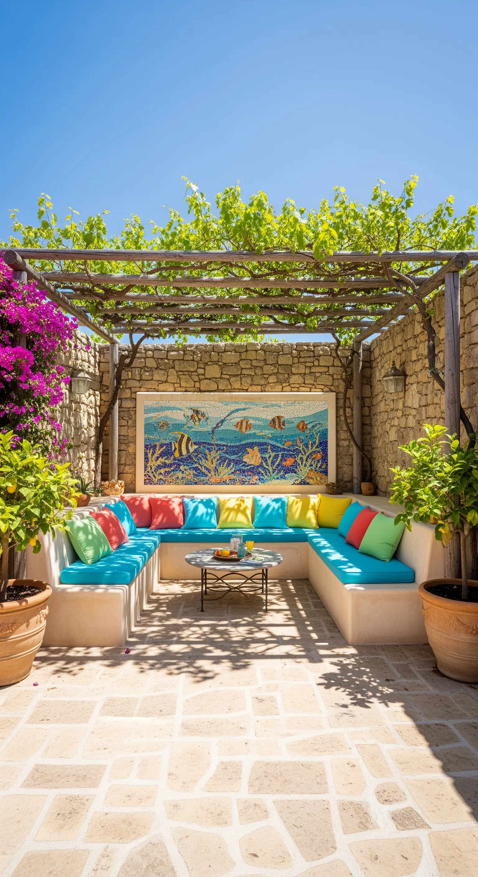 Patio mediterraneo con sedute in muratura, cuscini colorati e mosaico a tema marino.