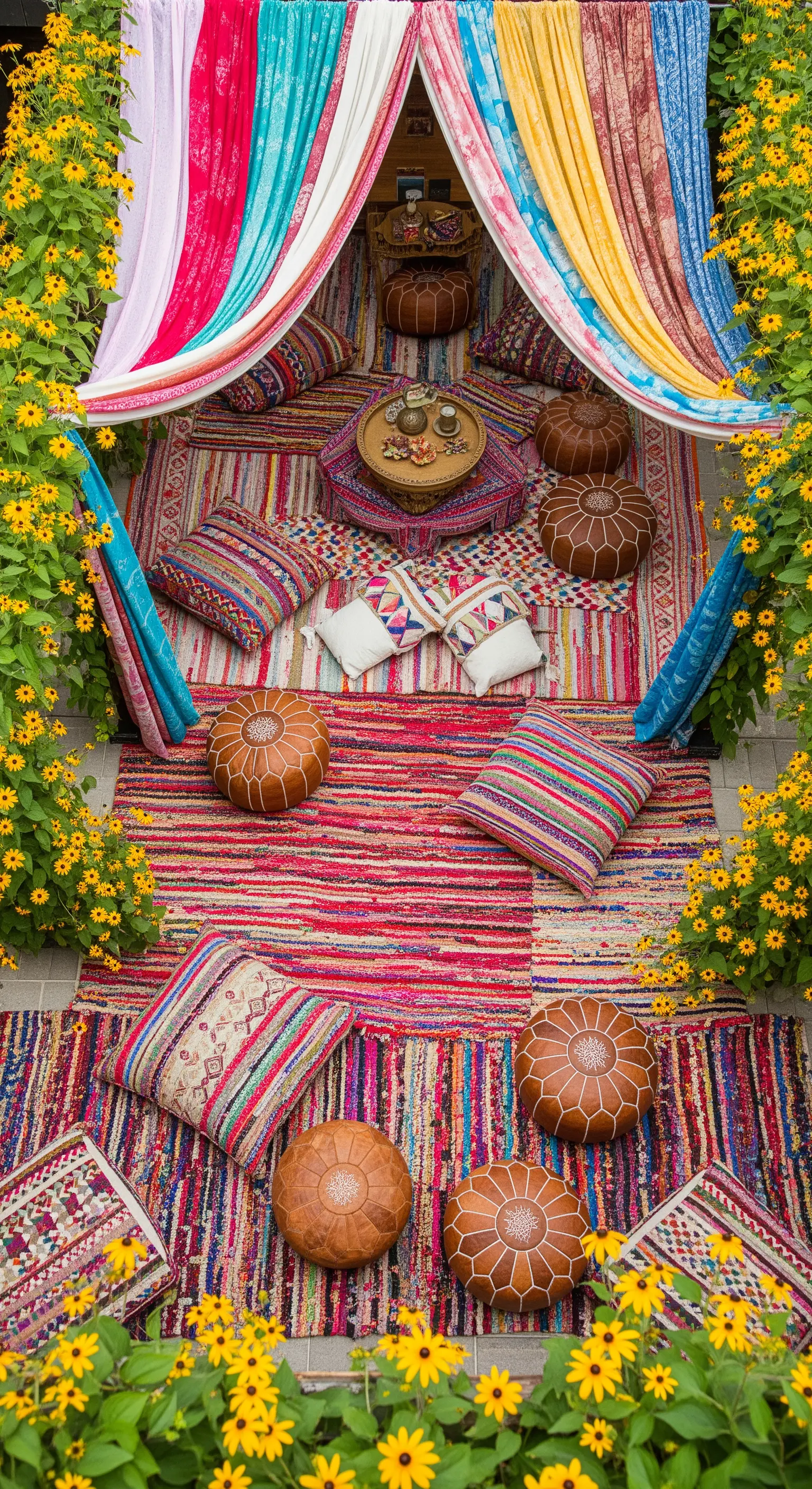 Salotto bohémien a terra con strati di tappeti colorati e cuscini.