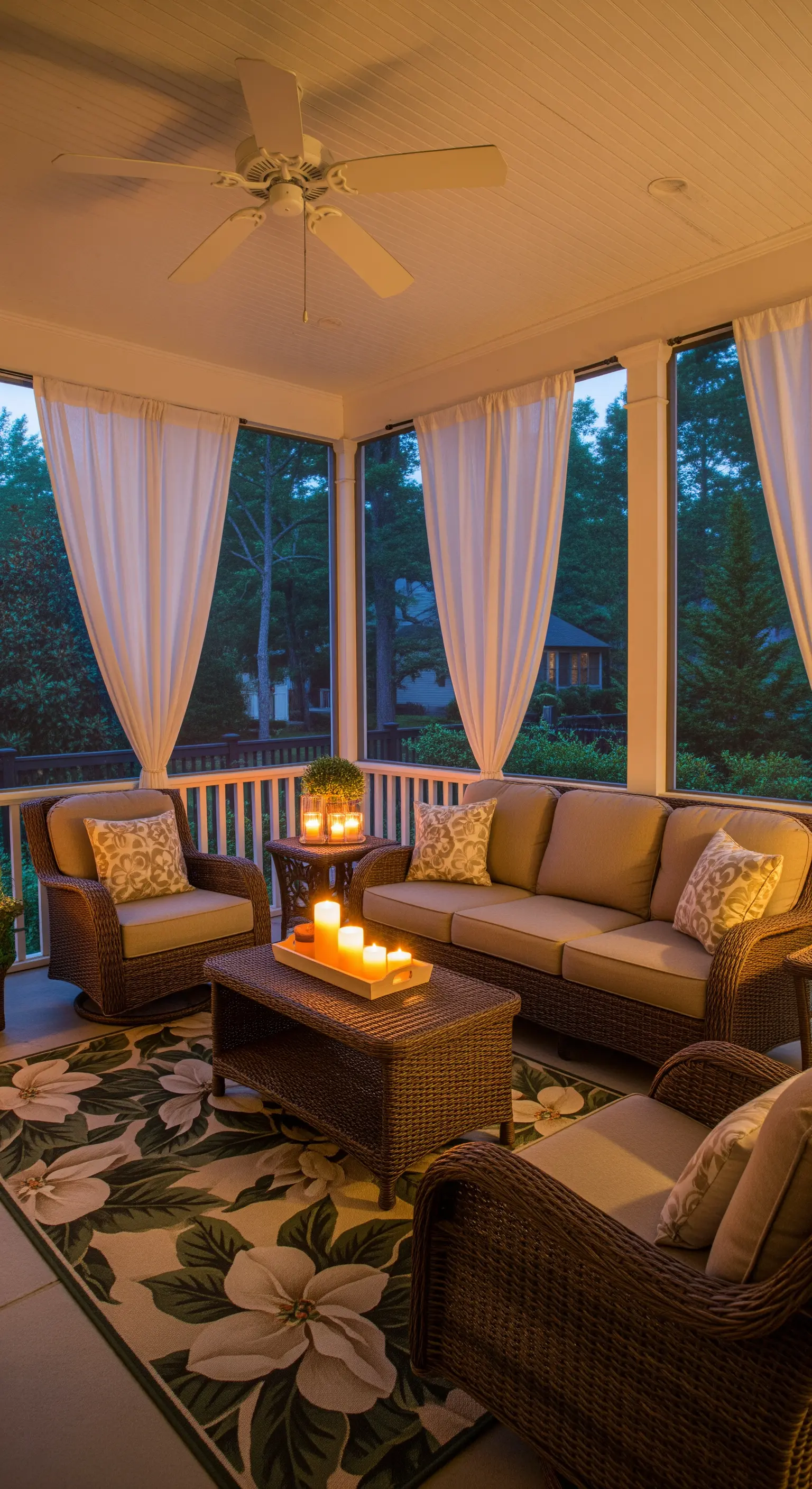 Veranda chiusa con divani in vimini, grande tappeto a tema foglie e candele sul tavolino.