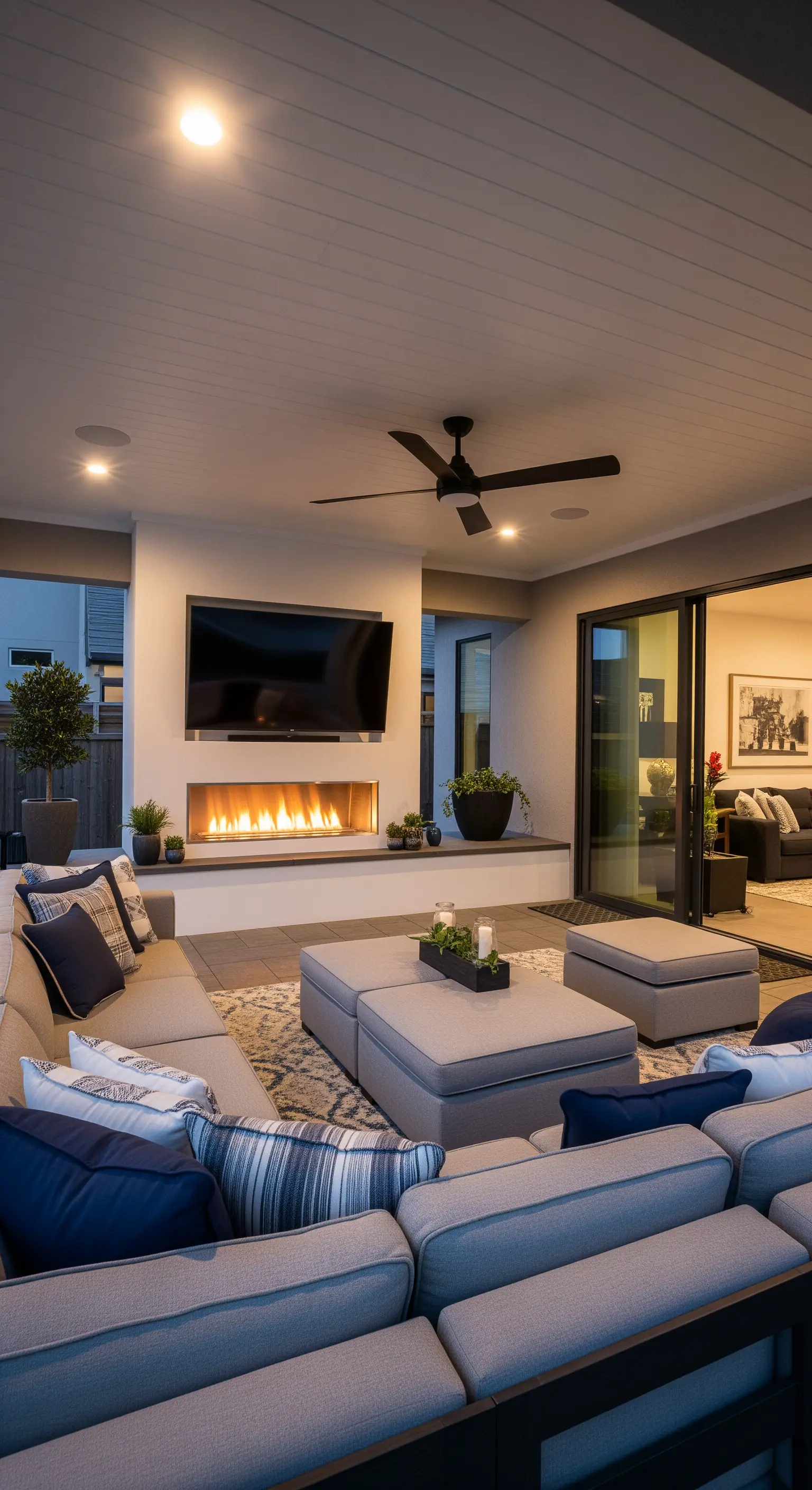 Patio coperto moderno con grande divano grigio, camino lineare e televisore a parete.