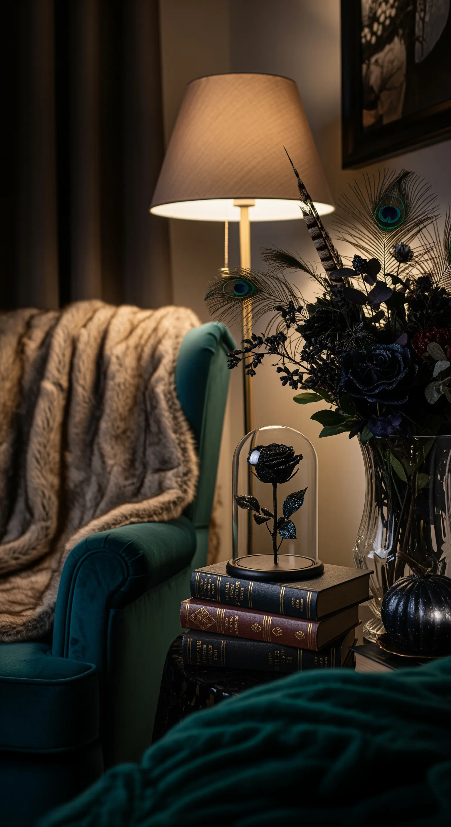 Angolo lettura gotico con rosa nera in una campana di vetro e poltrona in velluto.