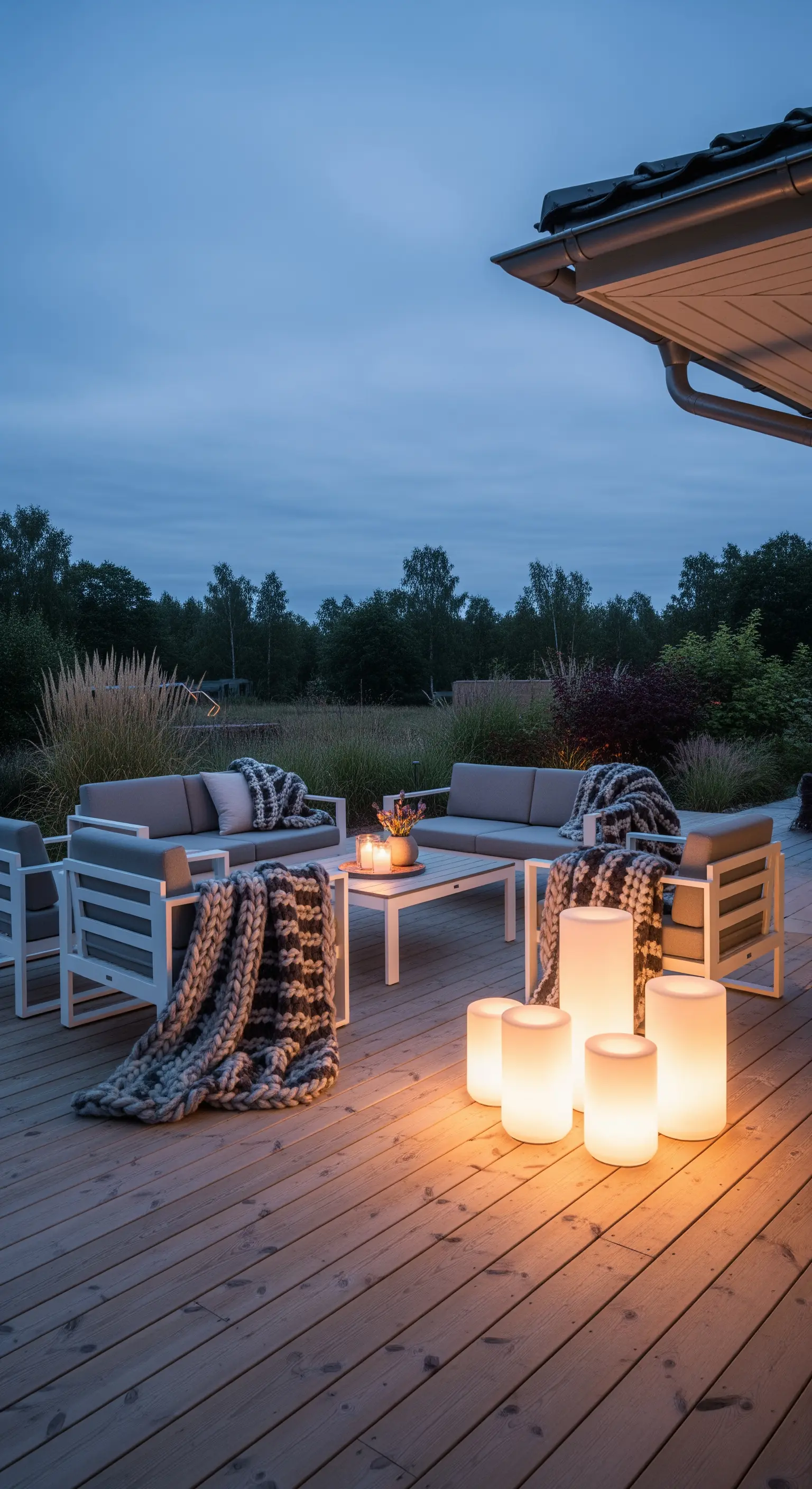 Patio scandinavo con divani grigi, plaid a maglia grossa e lanterne cilindriche a terra.
