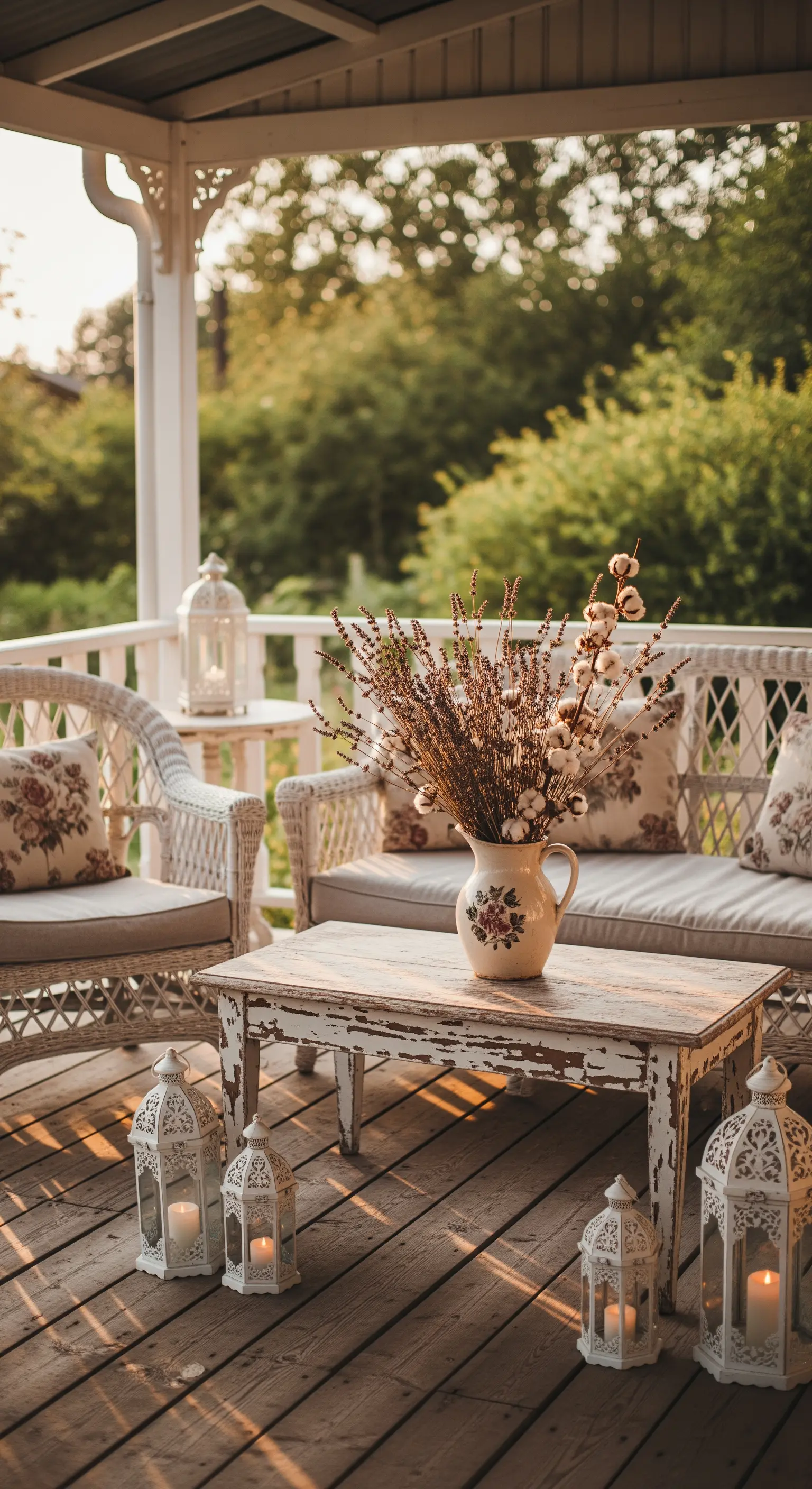 Salotto da veranda shabby chic con divano in vimini, tavolo in legno e lanterne bianche.