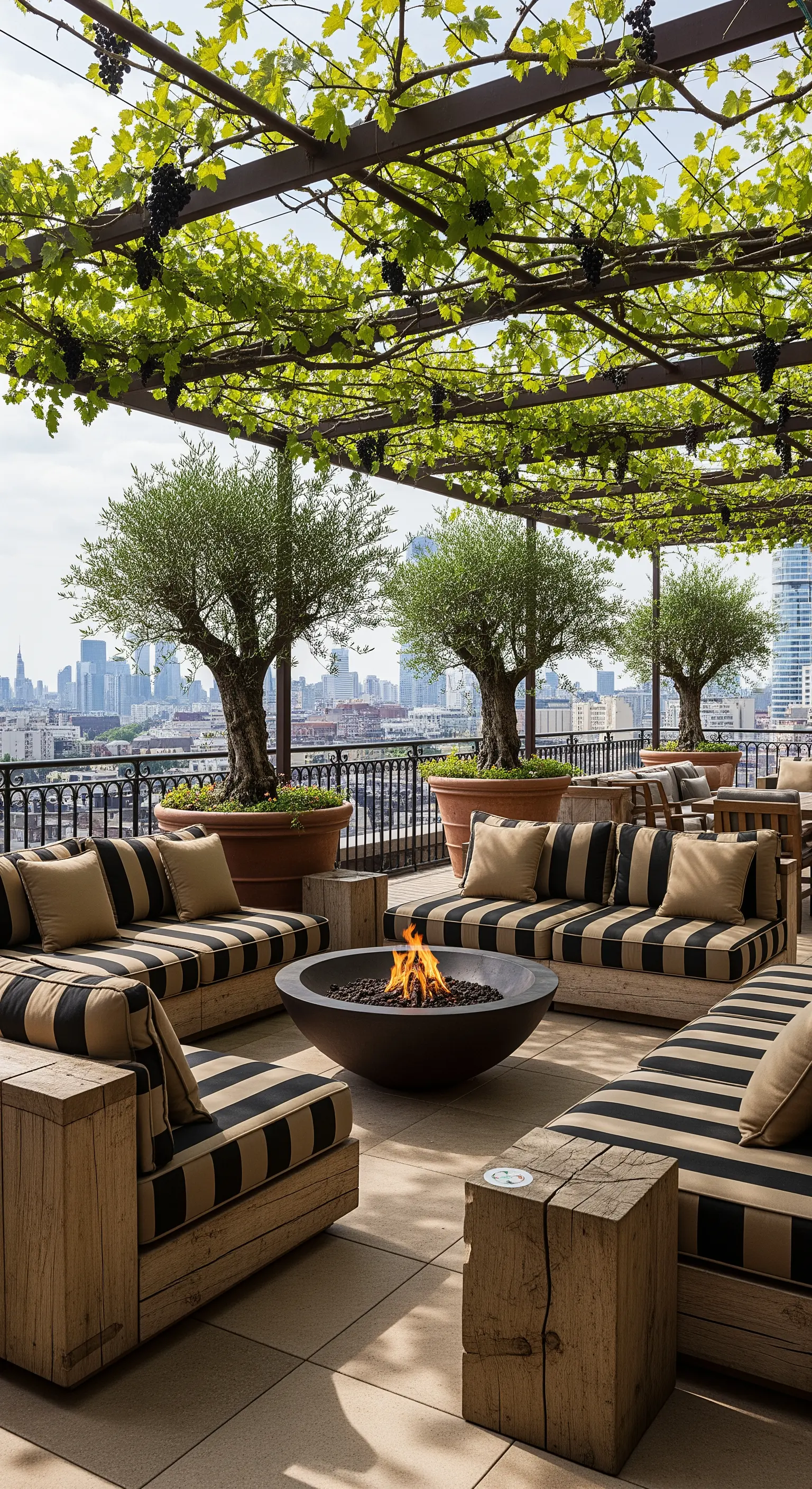 Terrazza con divani componibili in legno, cuscini a righe nere e un braciere centrale.