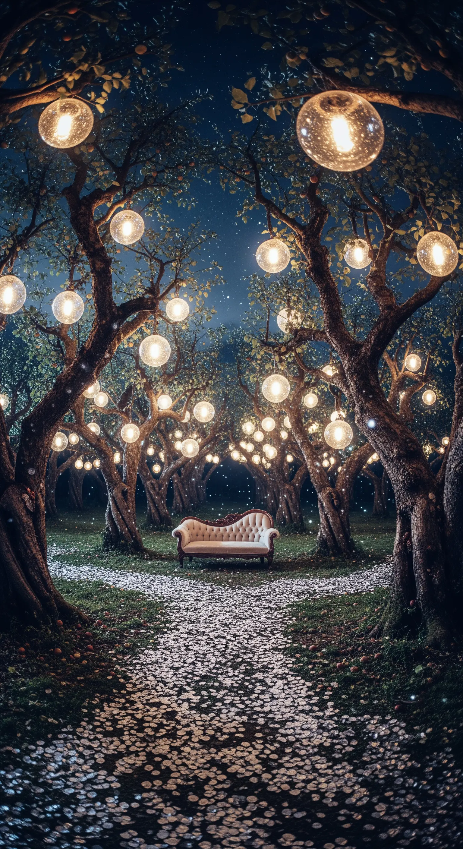 Divano elegante in una radura illuminata da grandi luci sferiche appese agli alberi.