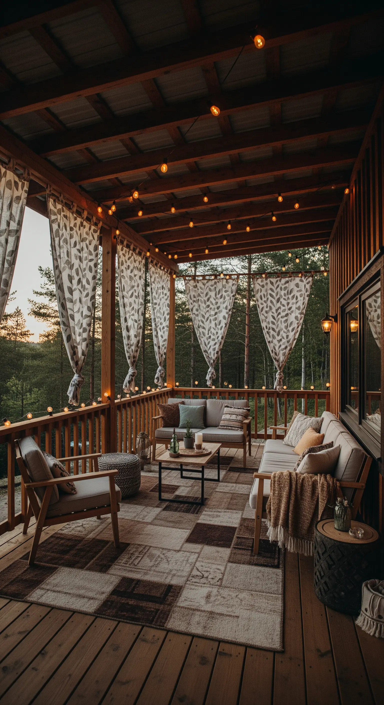 Veranda in legno con divani, tappeto patchwork e tende a motivi vegetali.