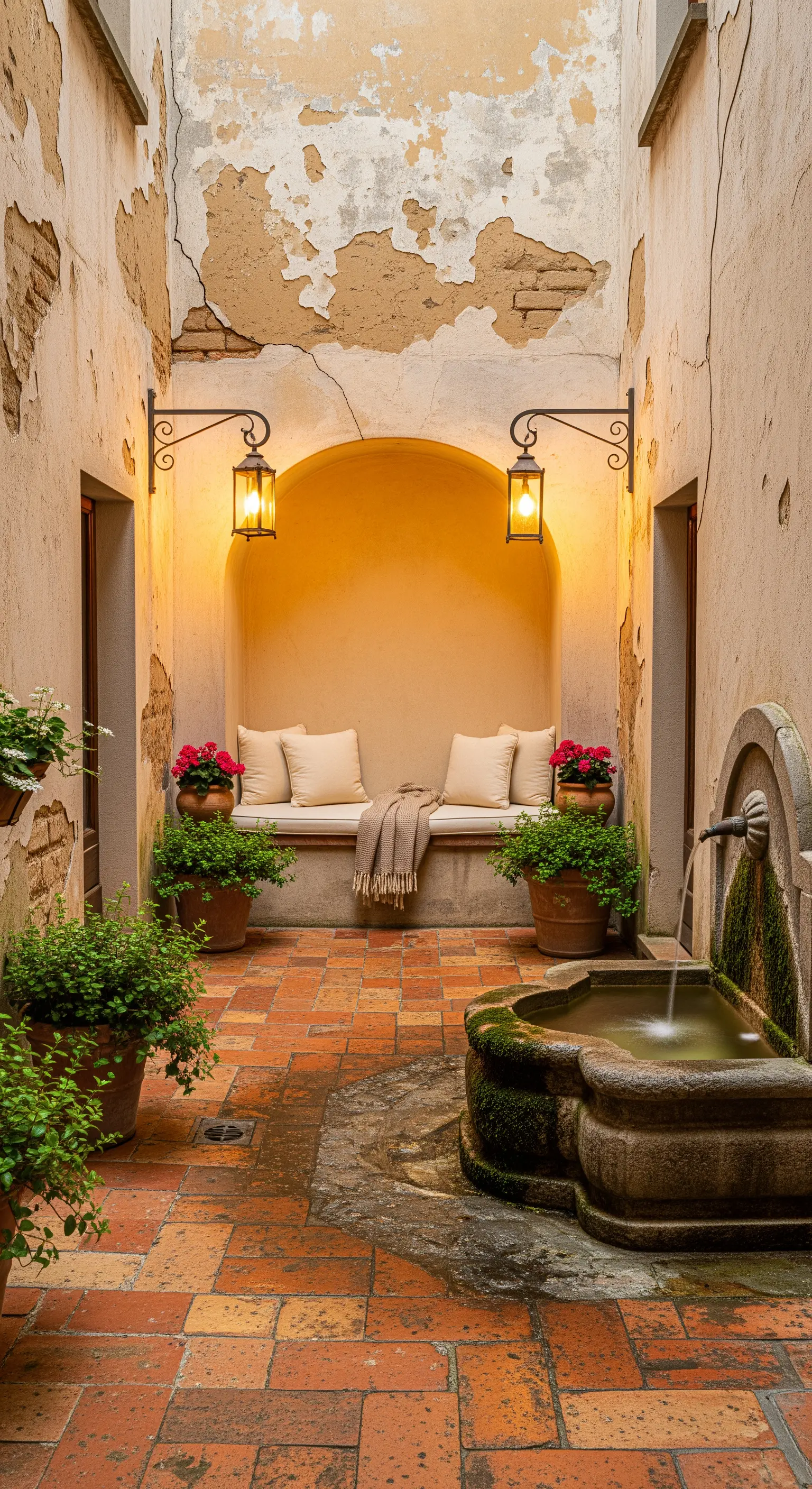 Cortile in terracotta con seduta in muratura in una nicchia, illuminata da due applique e con una fontana.