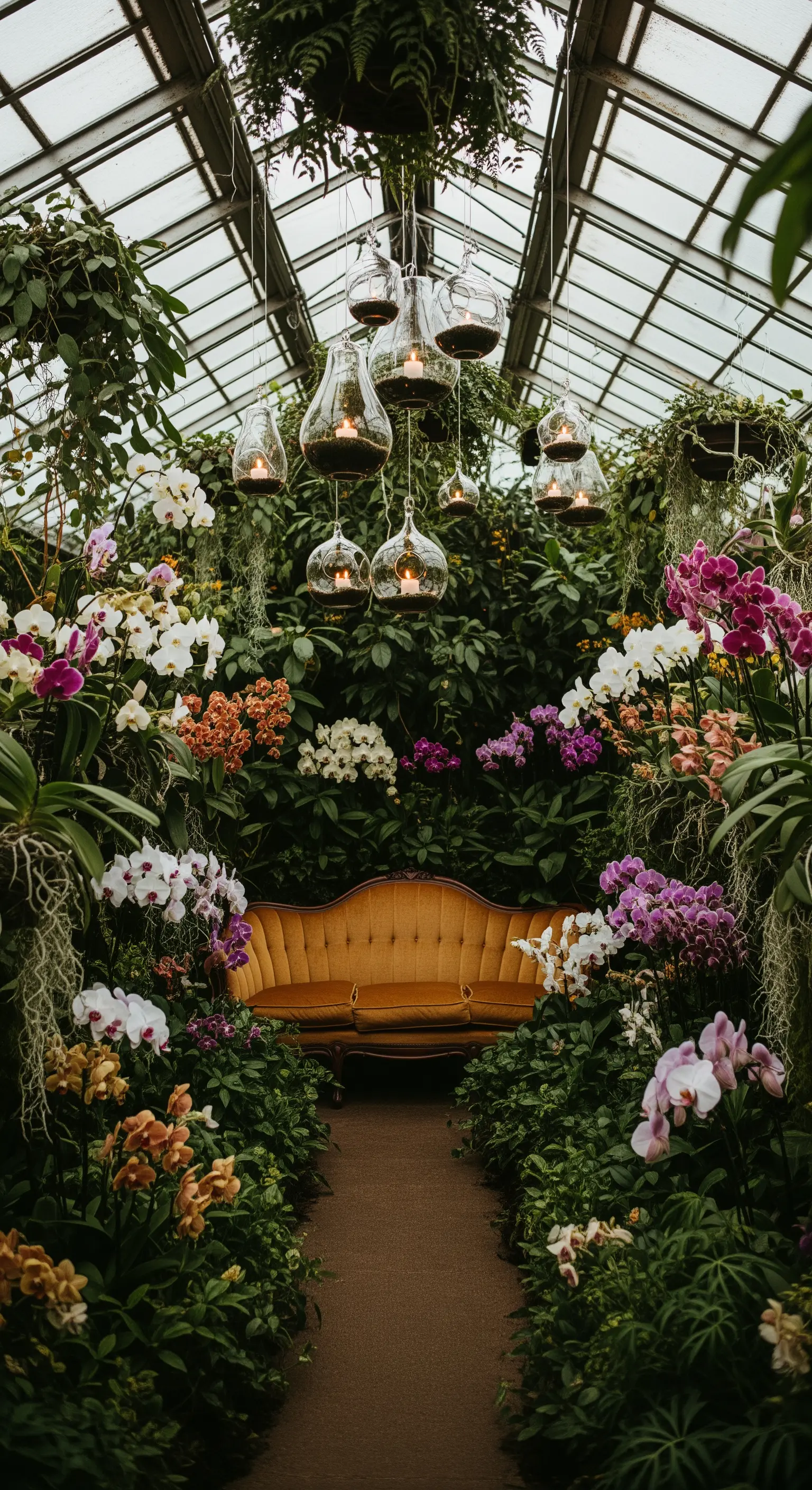 Divanetto vintage senape in una serra lussureggiante, circondato da orchidee e piante tropicali.