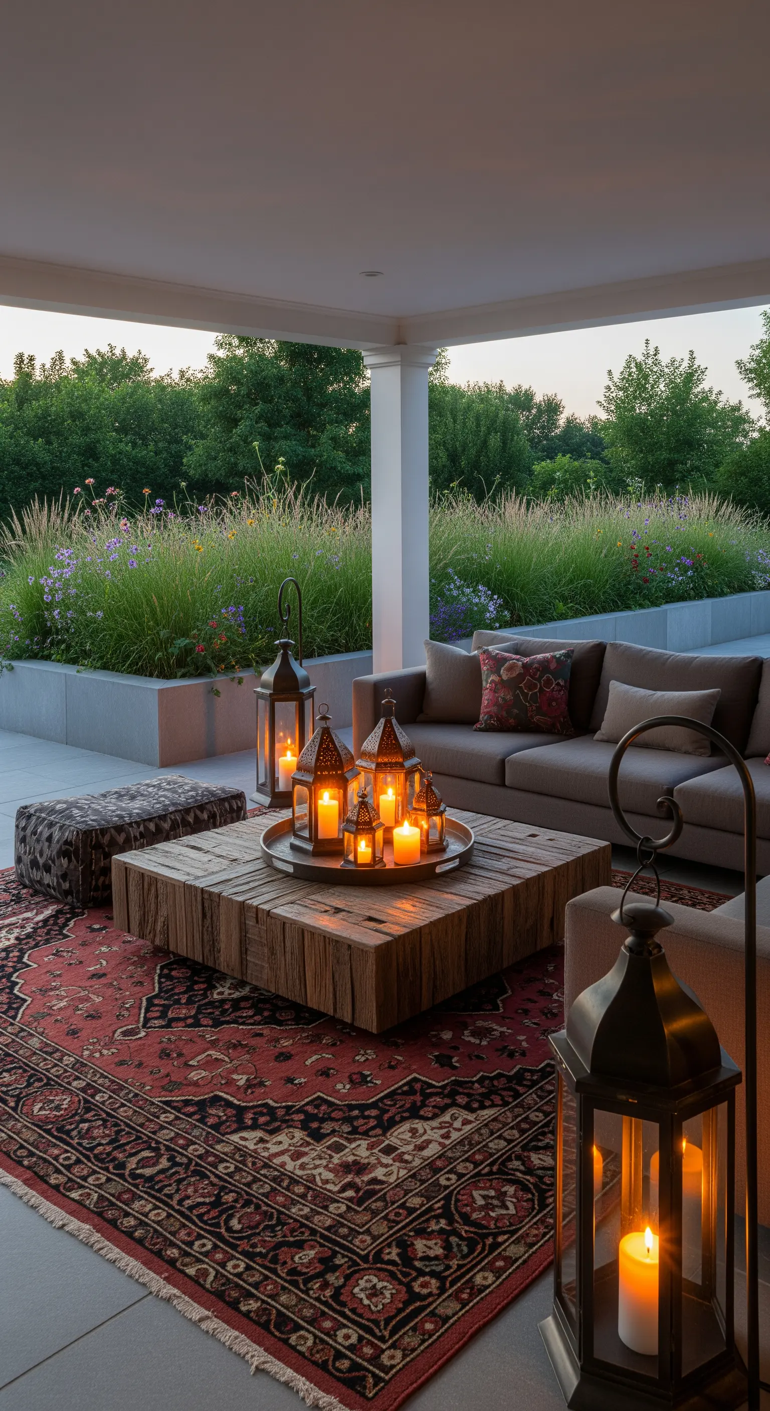 Patio coperto con divano, tappeto persiano e un gruppo di lanterne con candele sul tavolino.