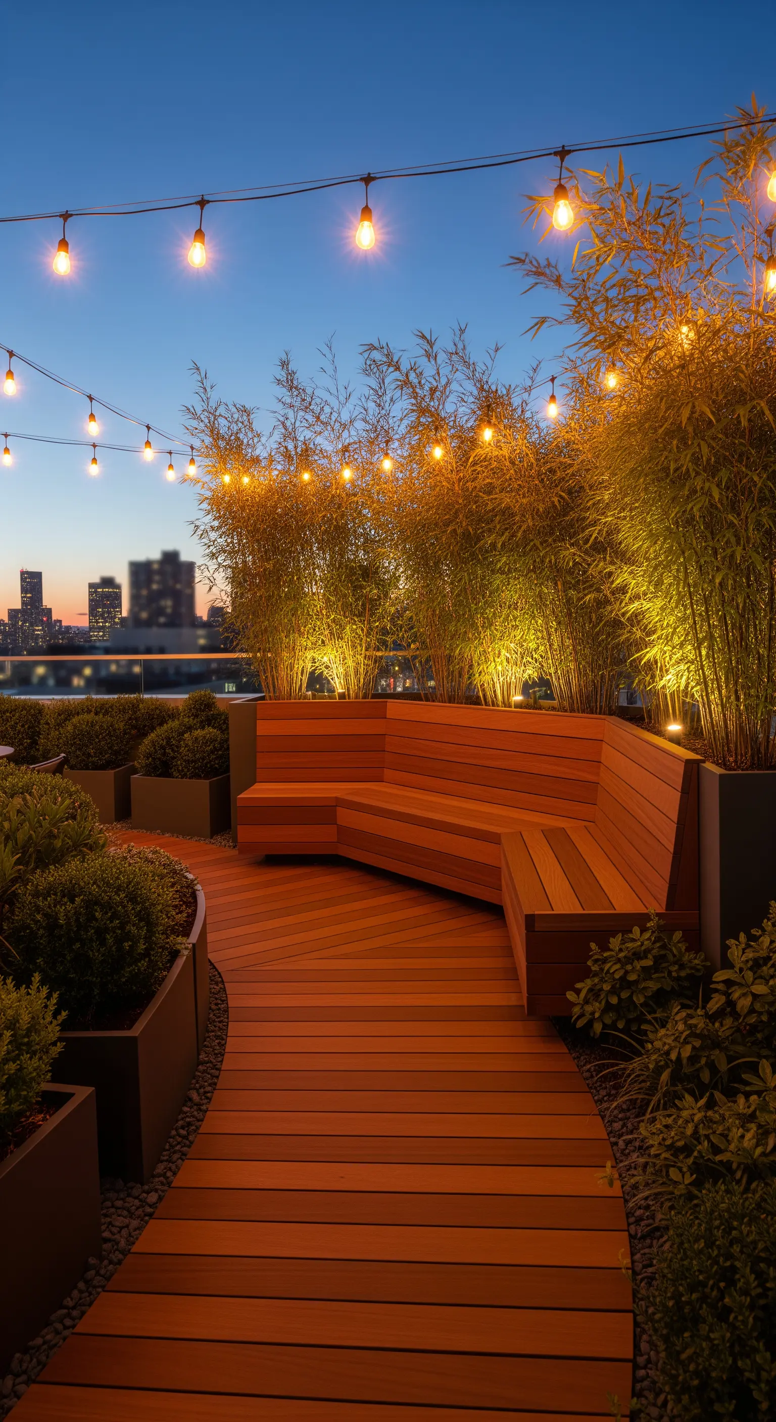 Terrazza urbana con panca angolare in legno, circondata da bambù illuminato dal basso e luci a stringa.