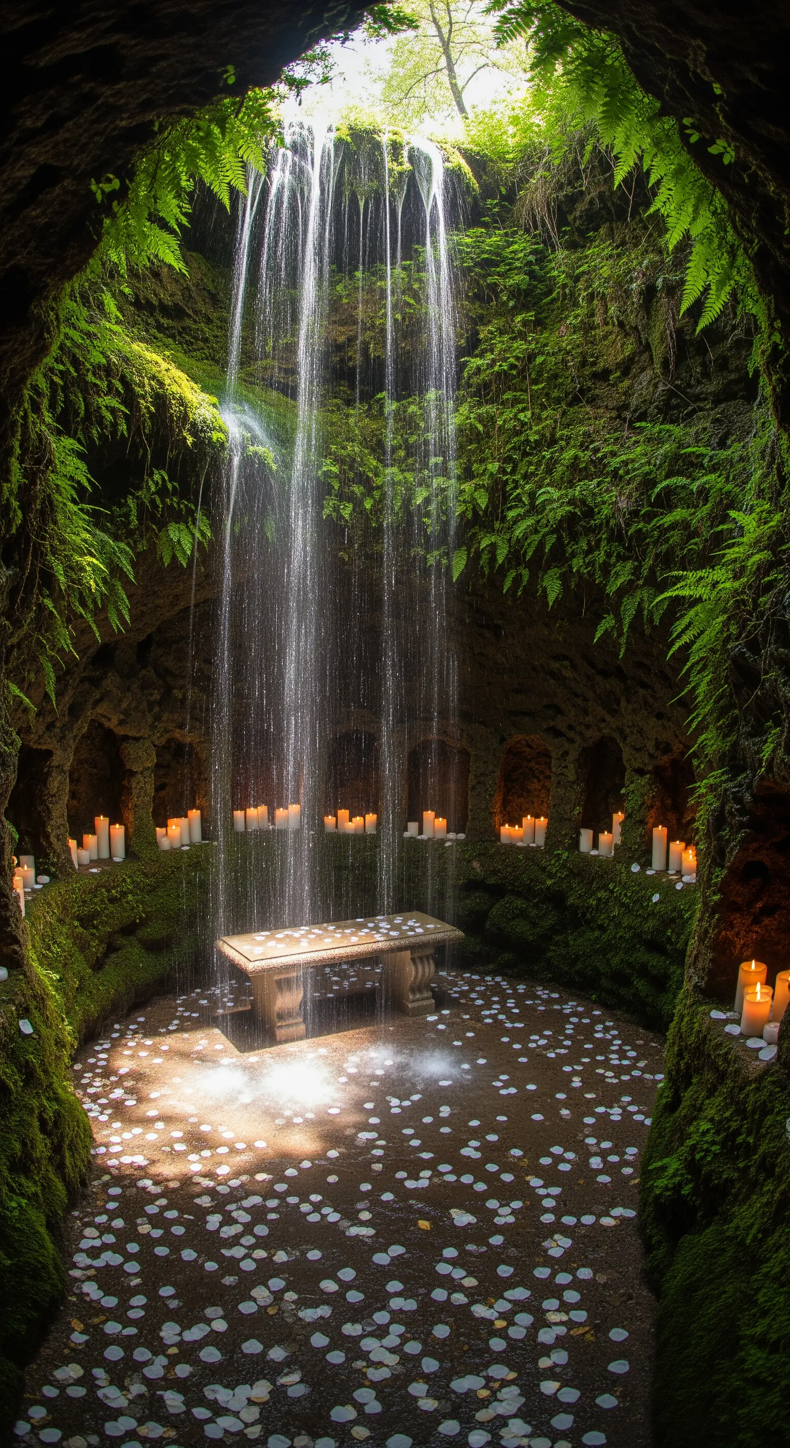 Grotta naturale con una piccola cascata, illuminata da decine di candele attorno a una panca.