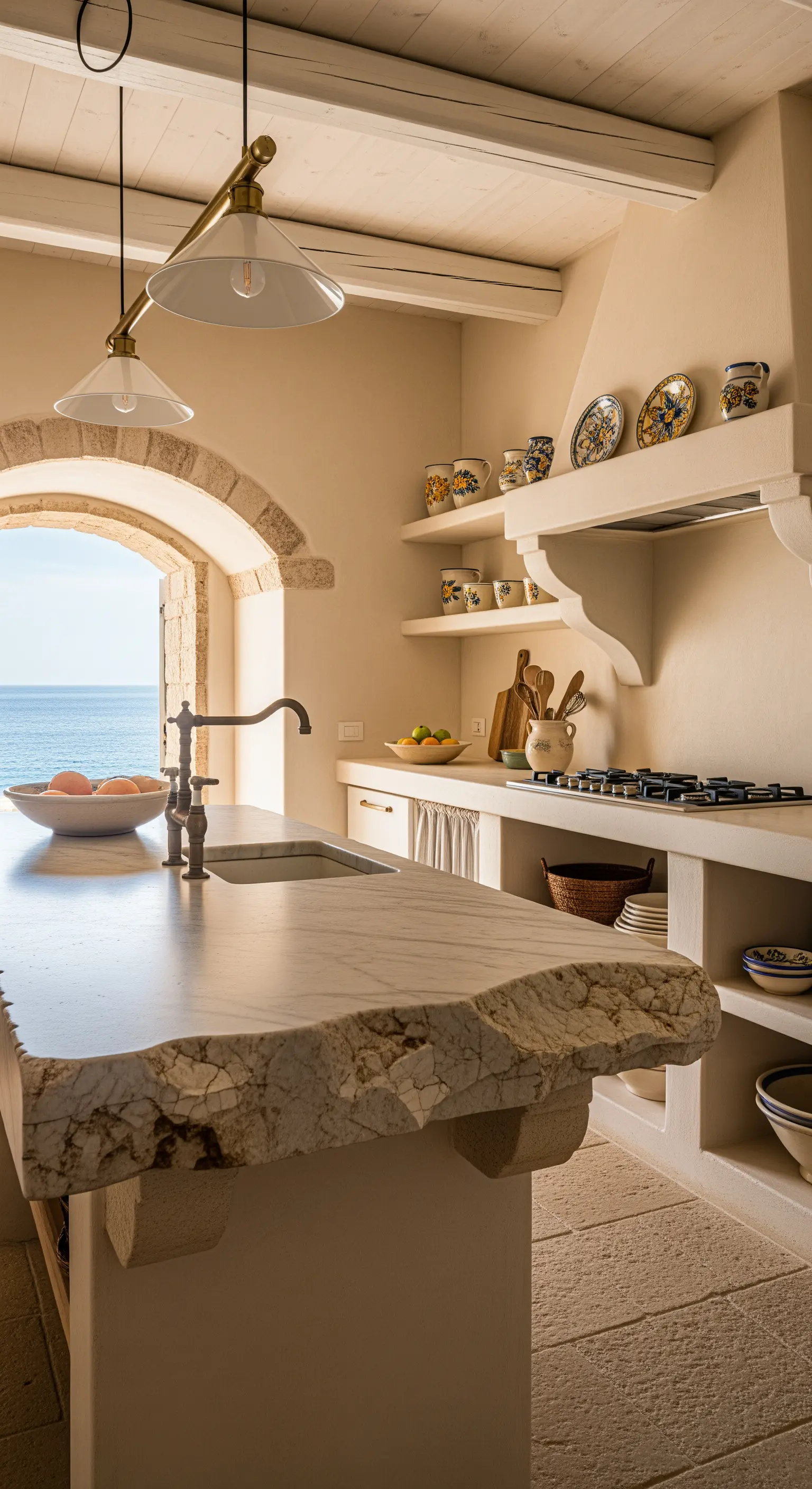 Isola in pietra grezza in una cucina in stile mediterraneo con una finestra ad arco affacciata sul mare.