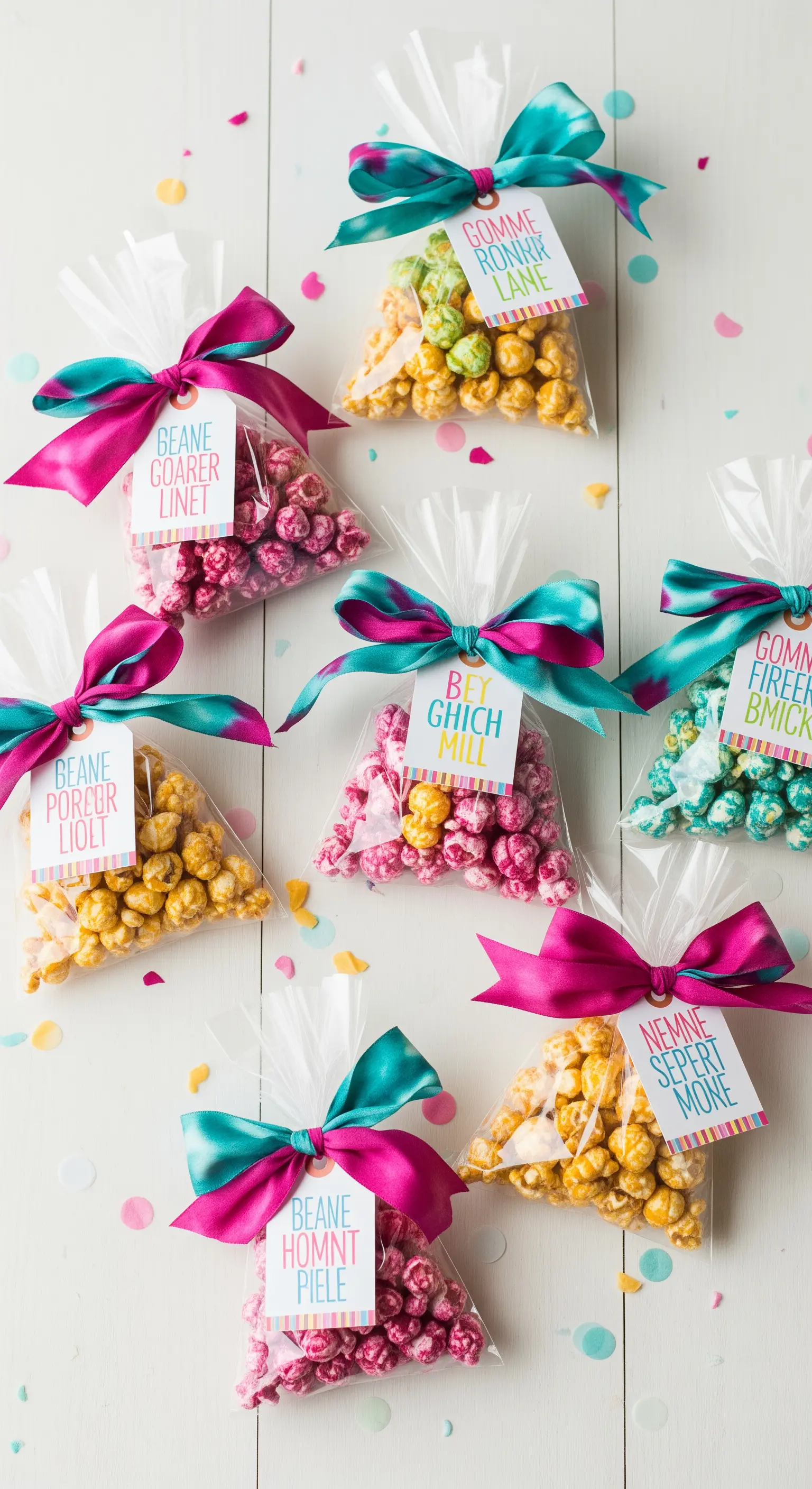 Sacchetti di popcorn colorati personalizzati con fiocchi e biglietti per feste