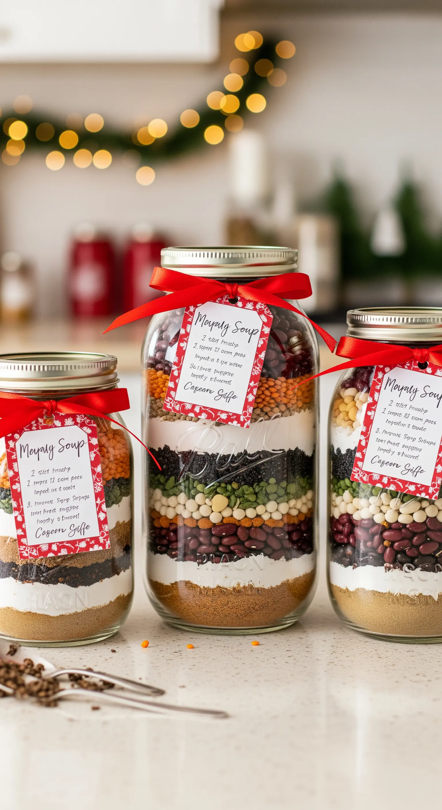 Barattoli di vetro con strati di legumi e spezie per preparati per zuppe.