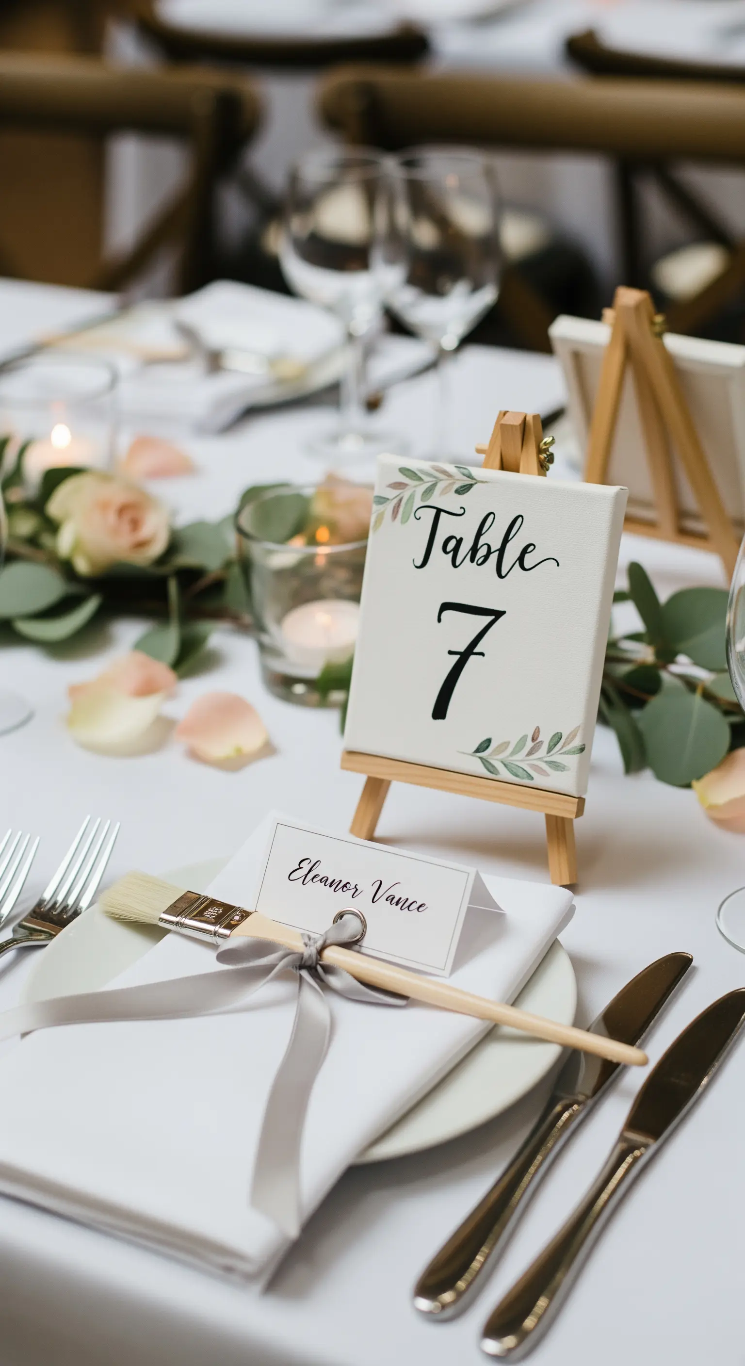 Segnaposto su un tavolo da matrimonio con un pennello legato a un tovagliolo con un nastro.