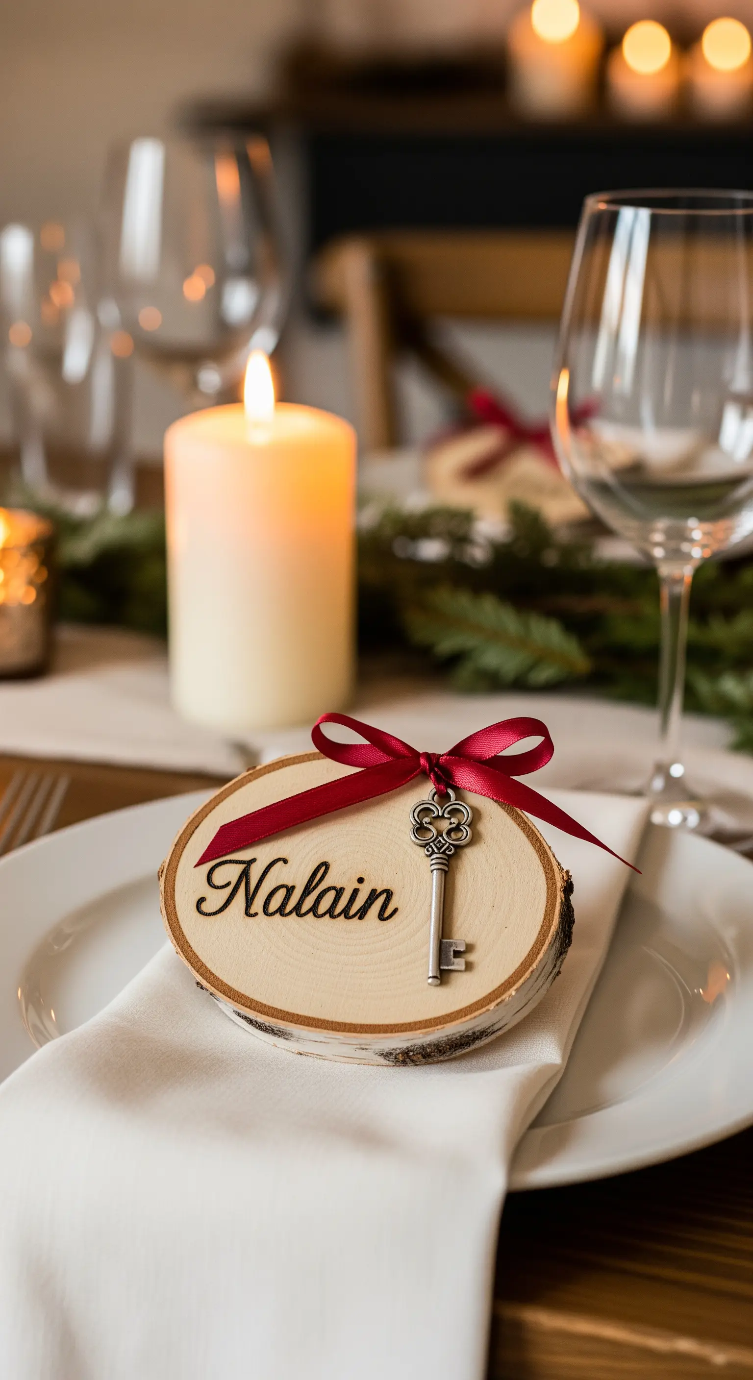 Segnaposto in legno con nome, fiocco rosso e una chiave antica su un piatto bianco.