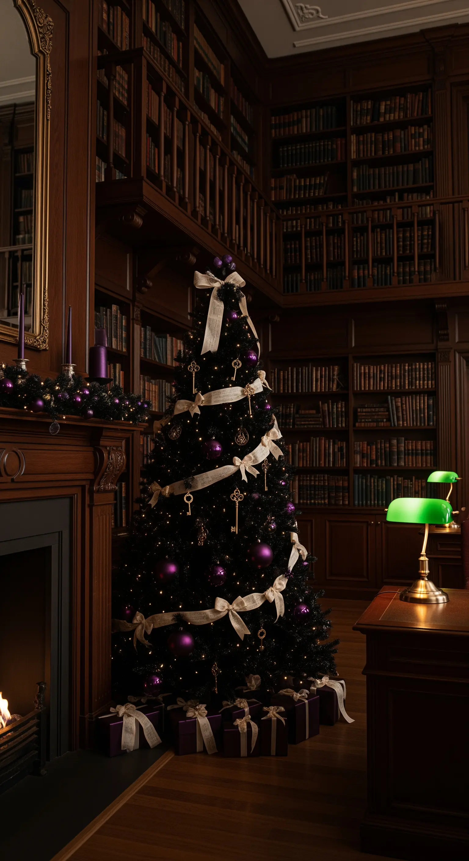 Albero di Natale nero in una biblioteca con chiavi vintage, fiocchi e palline viola.