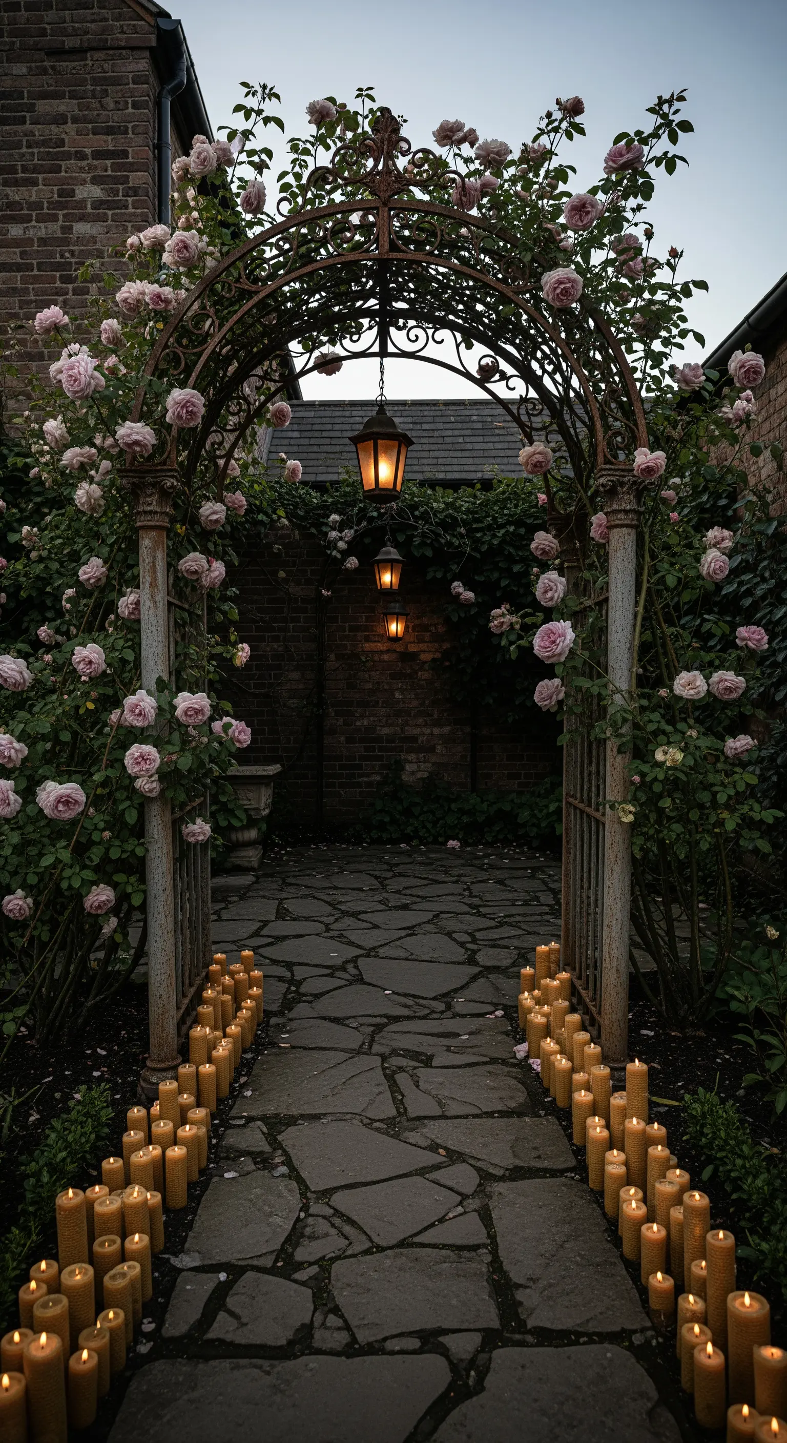 Vecchio cancello in ferro battuto coperto di rose, con lanterne appese e candele di cera d'api.
