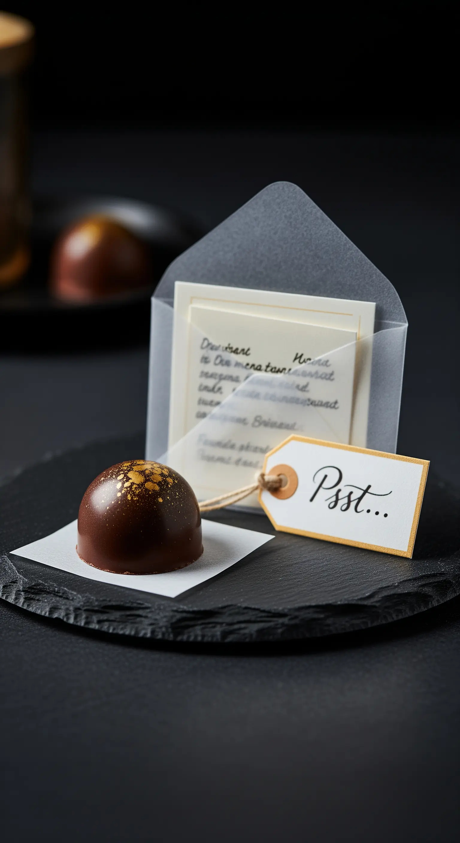 Pralina al cioccolato con polvere d'oro accanto a una busta traslucida con un messaggio segreto.