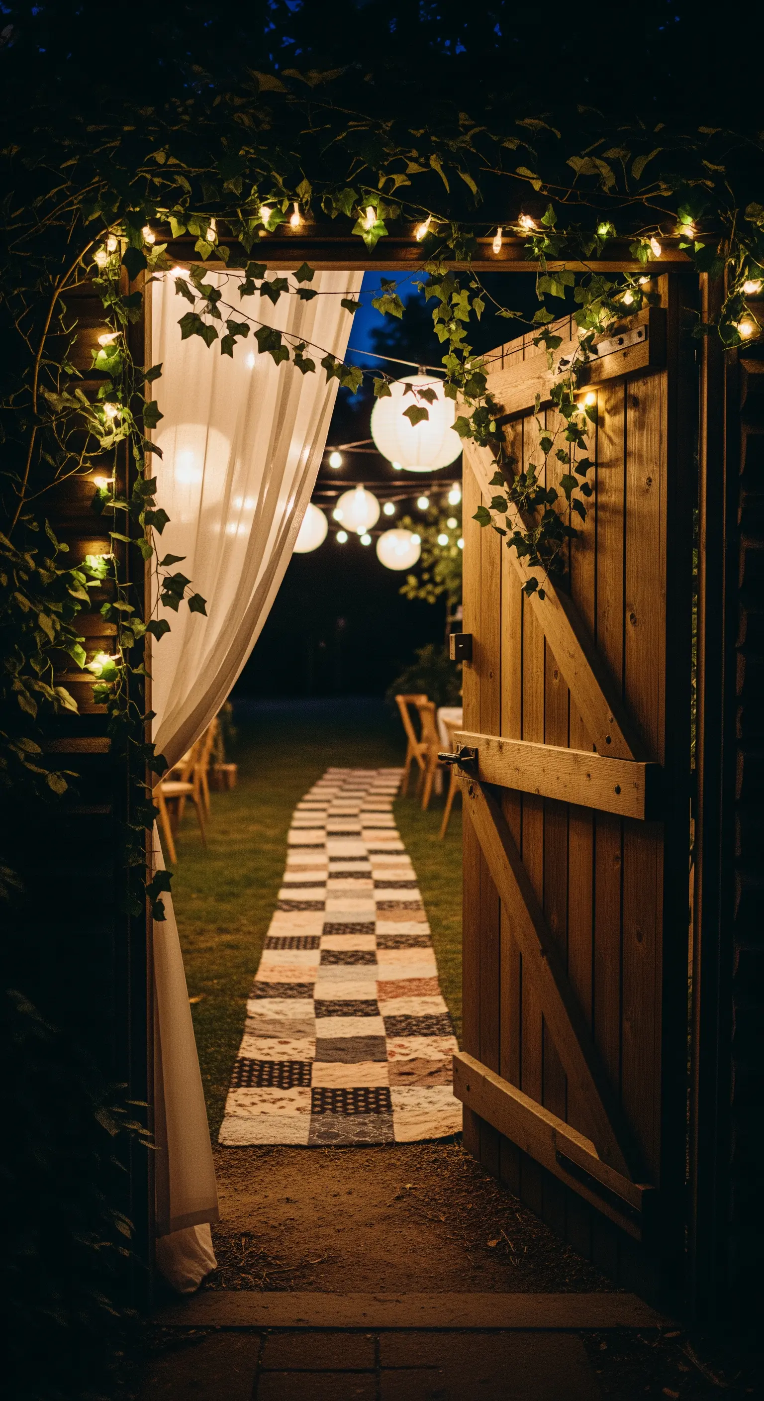 Sentiero fatto con un tappeto patchwork che conduce a una porta in legno aperta su un giardino.