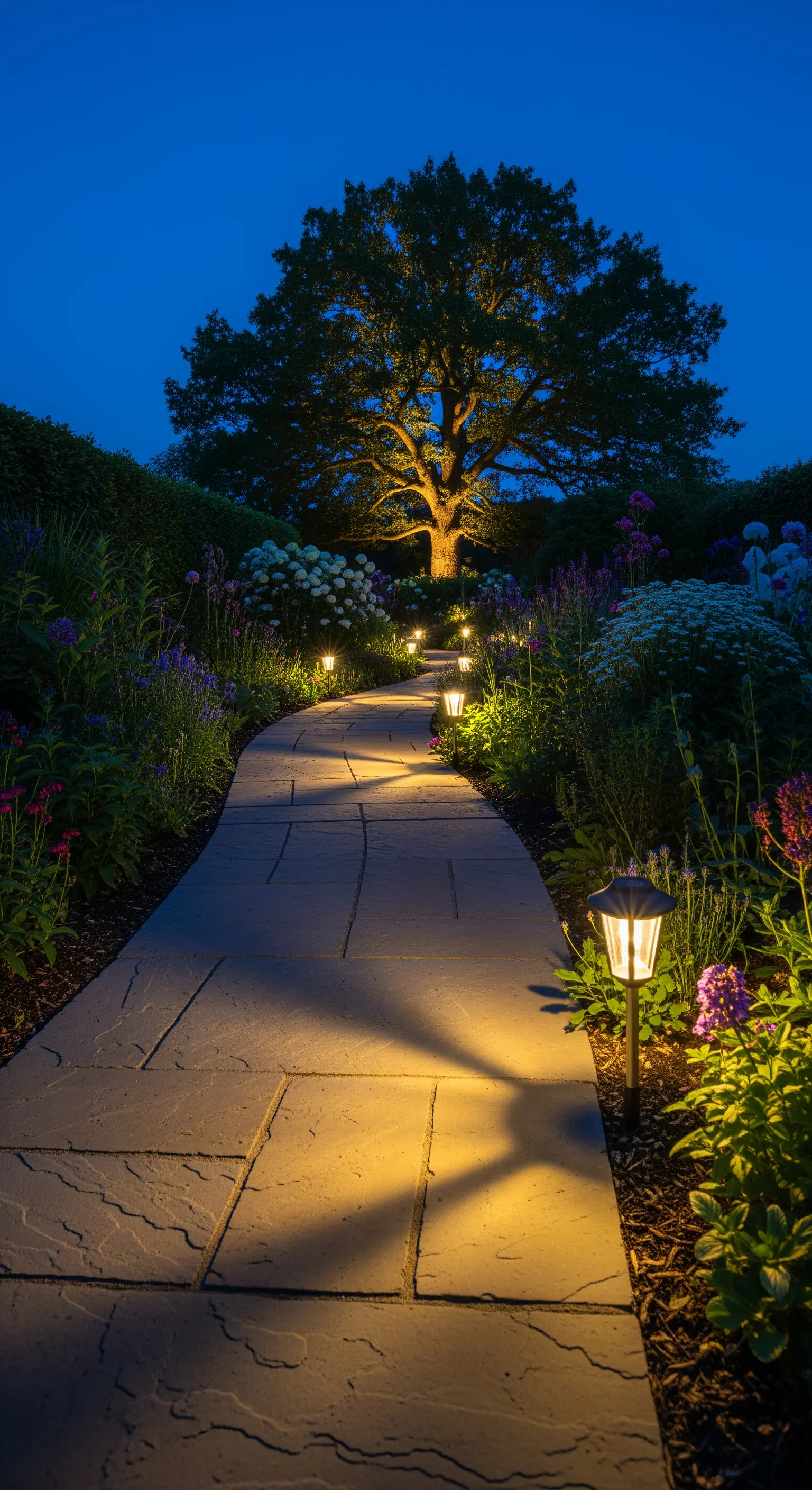 Sentiero in pietra illuminato da piccoli lampioncini tra aiuole fiorite.