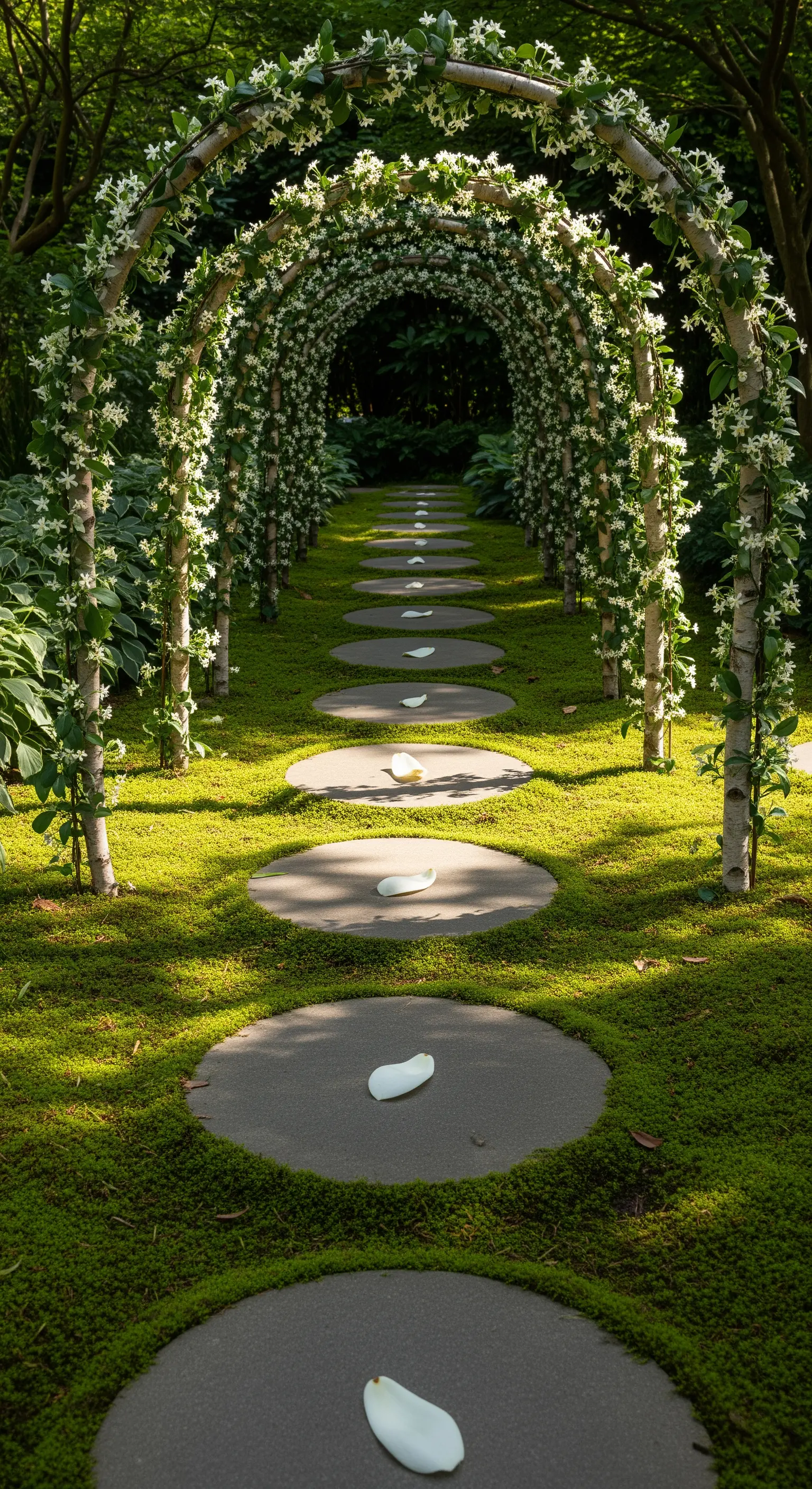 Sentiero di pietre rotonde su un prato di muschio, sotto una galleria di archi di gelsomino.