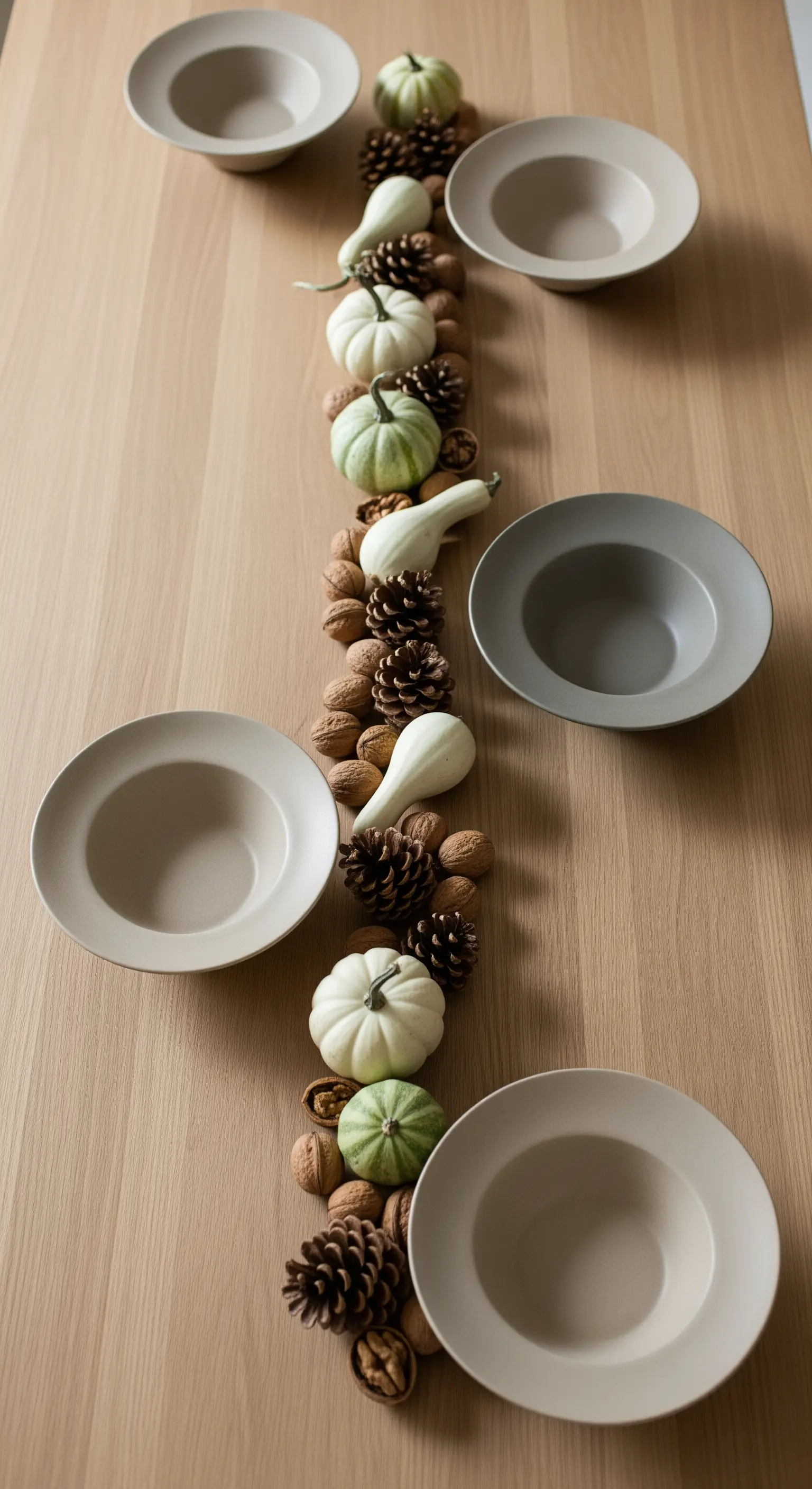 Runner naturale composto da pigne, noci e piccole zucche decorative.