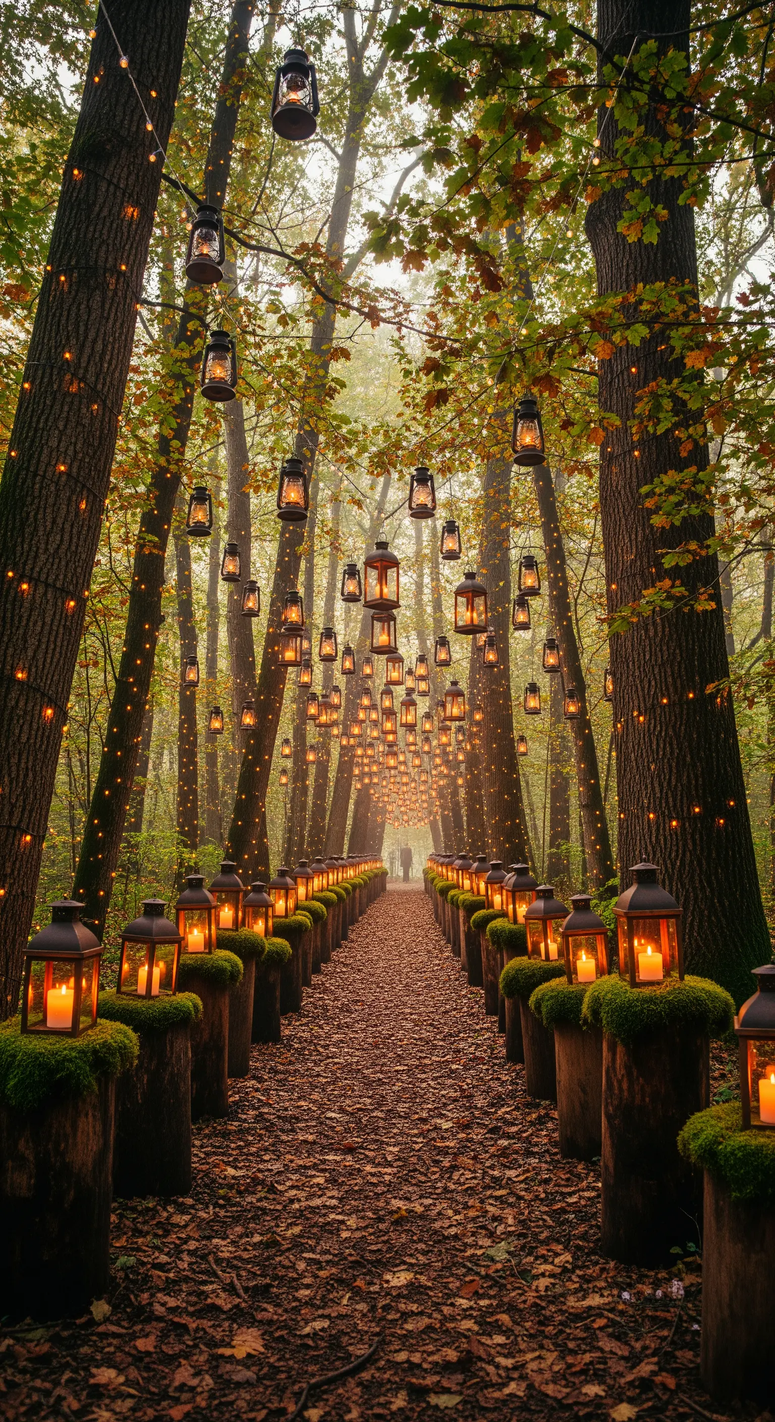 Viale nel bosco autunnale illuminato da lanterne su tronchi e fili di luci tra gli alberi.