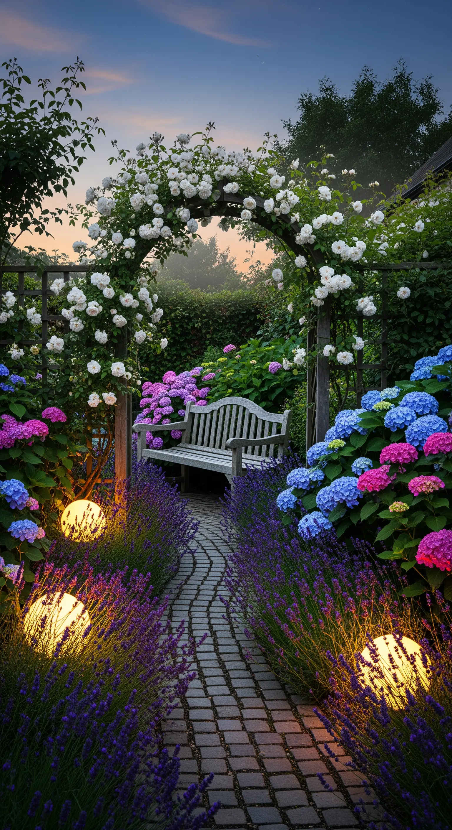 Sentiero in pietra tra lavanda e ortensie, illuminato da sfere luminose e sovrastato da un arco di rose