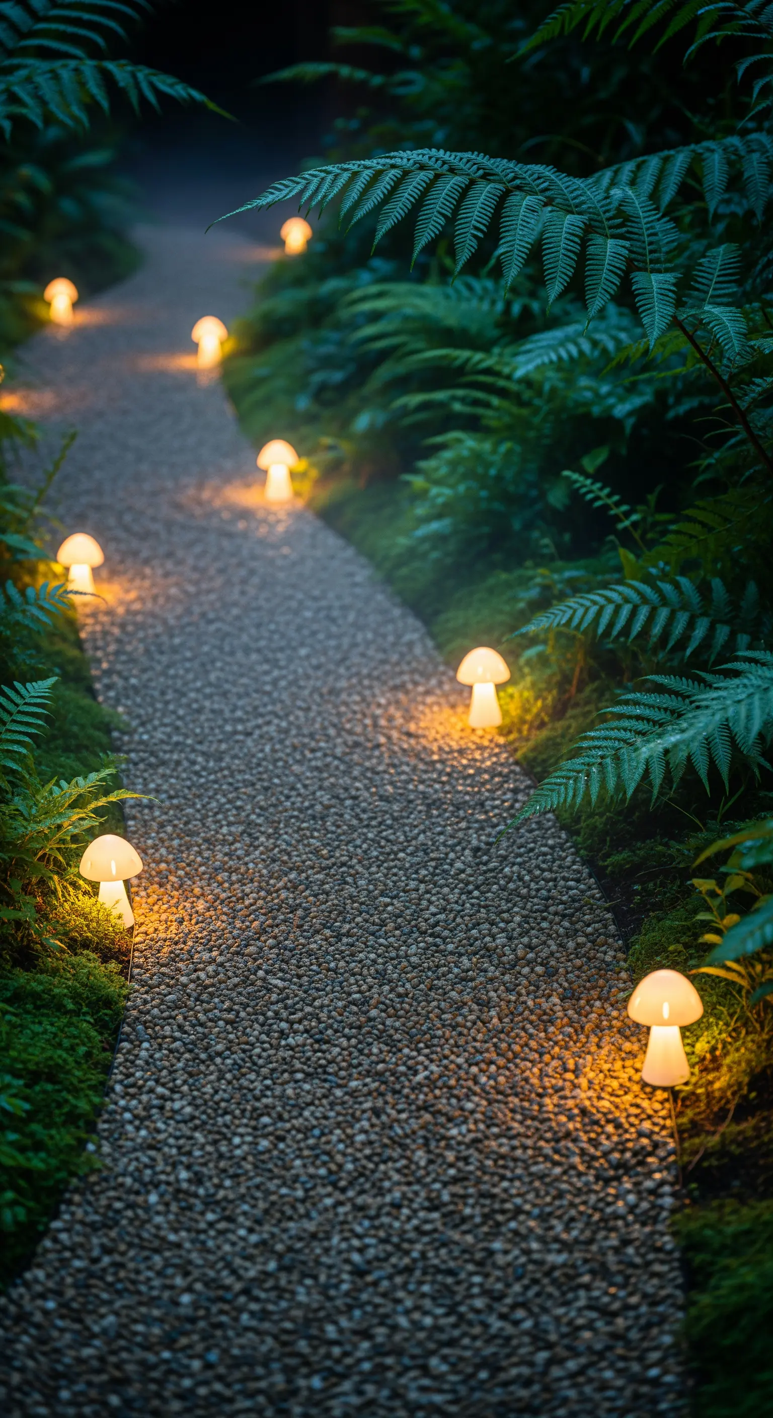 Sentiero di ghiaia in un giardino lussureggiante, illuminato da piccole lampade a forma di fungo a luce calda.