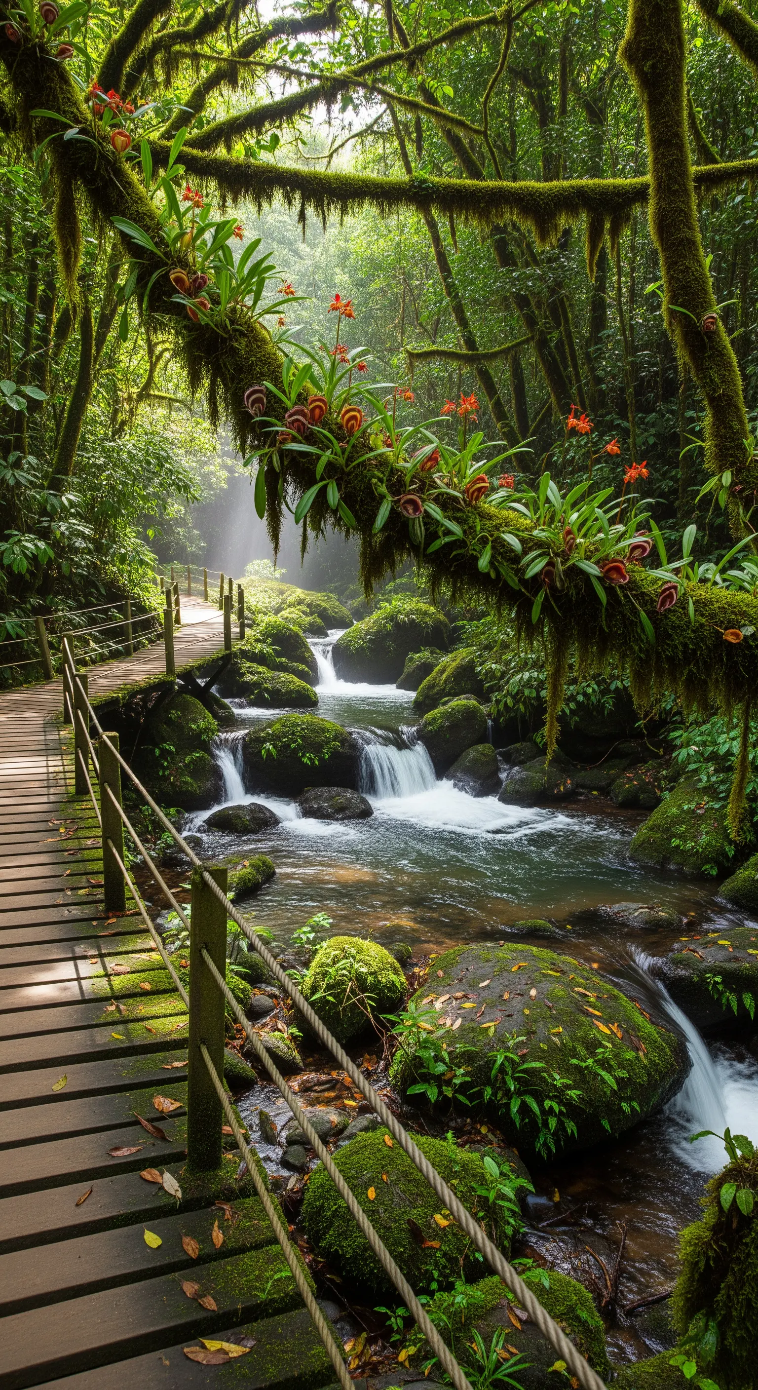 Passerella in legno lungo un ruscello in una foresta umida con orchidee rosse sui rami.