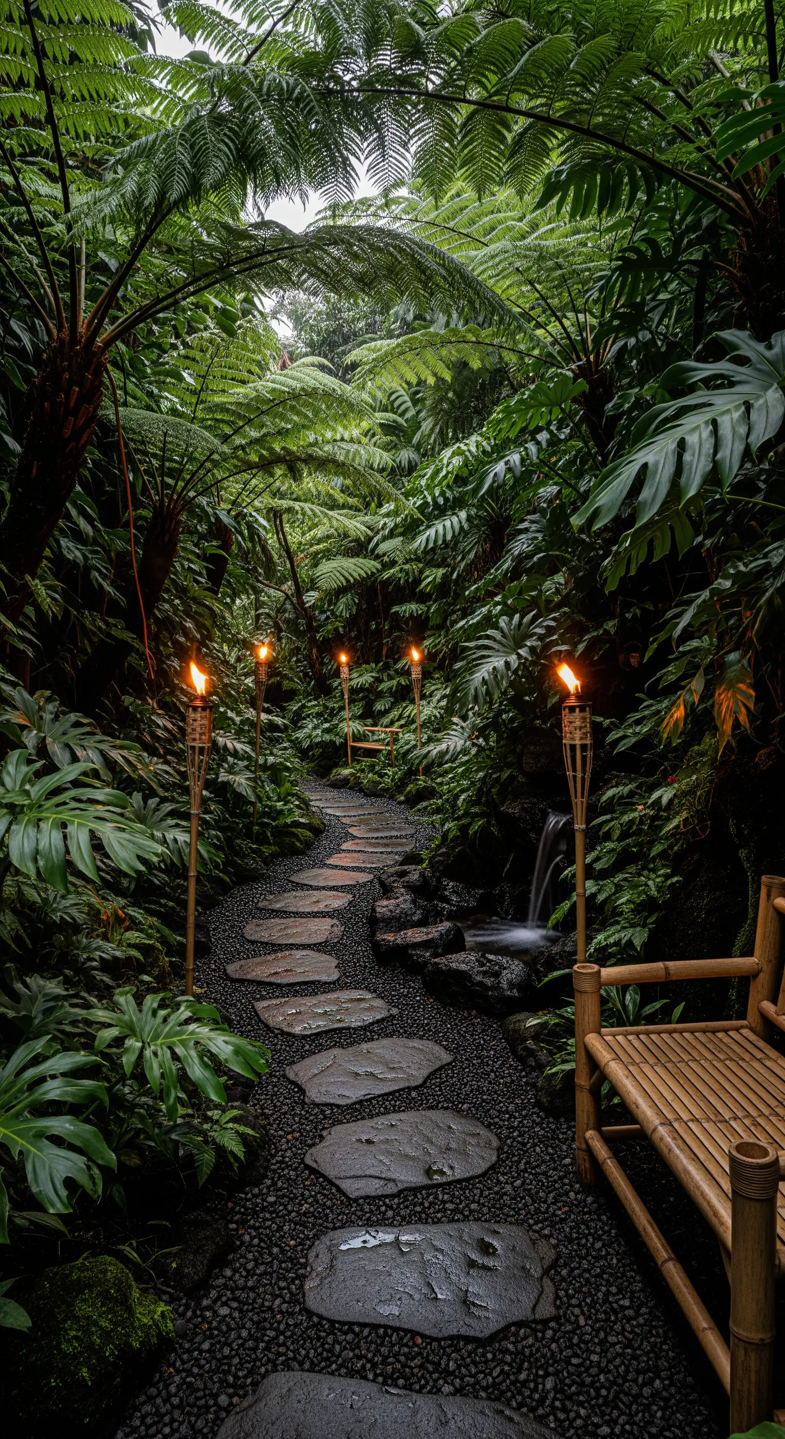 Sentiero di pietra in un lussureggiante giardino tropicale, illuminato da torce di bambù accese.