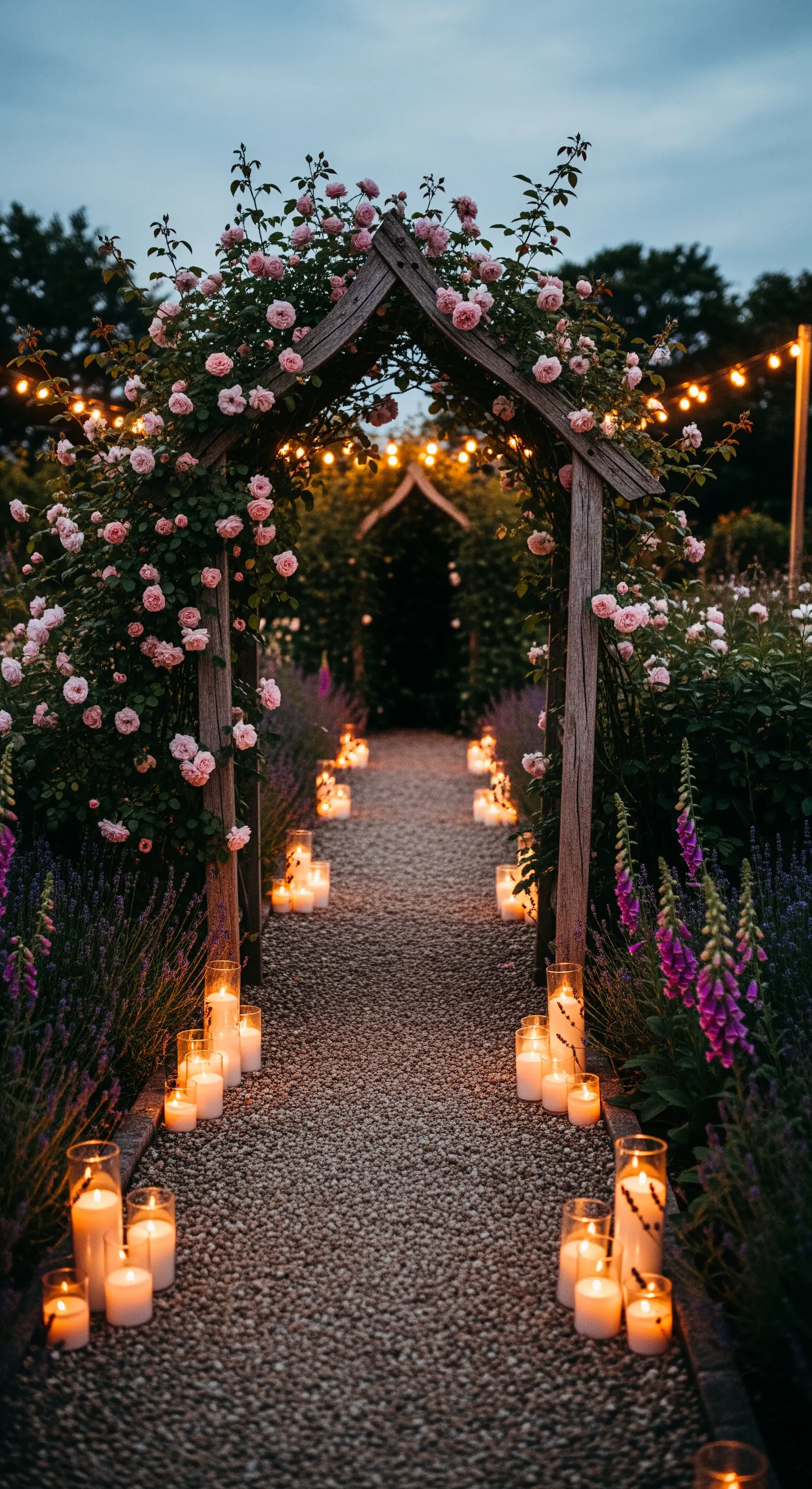 Arco in legno rustico con rose rosa e luci, lungo un sentiero di ghiaia bordato da candele.