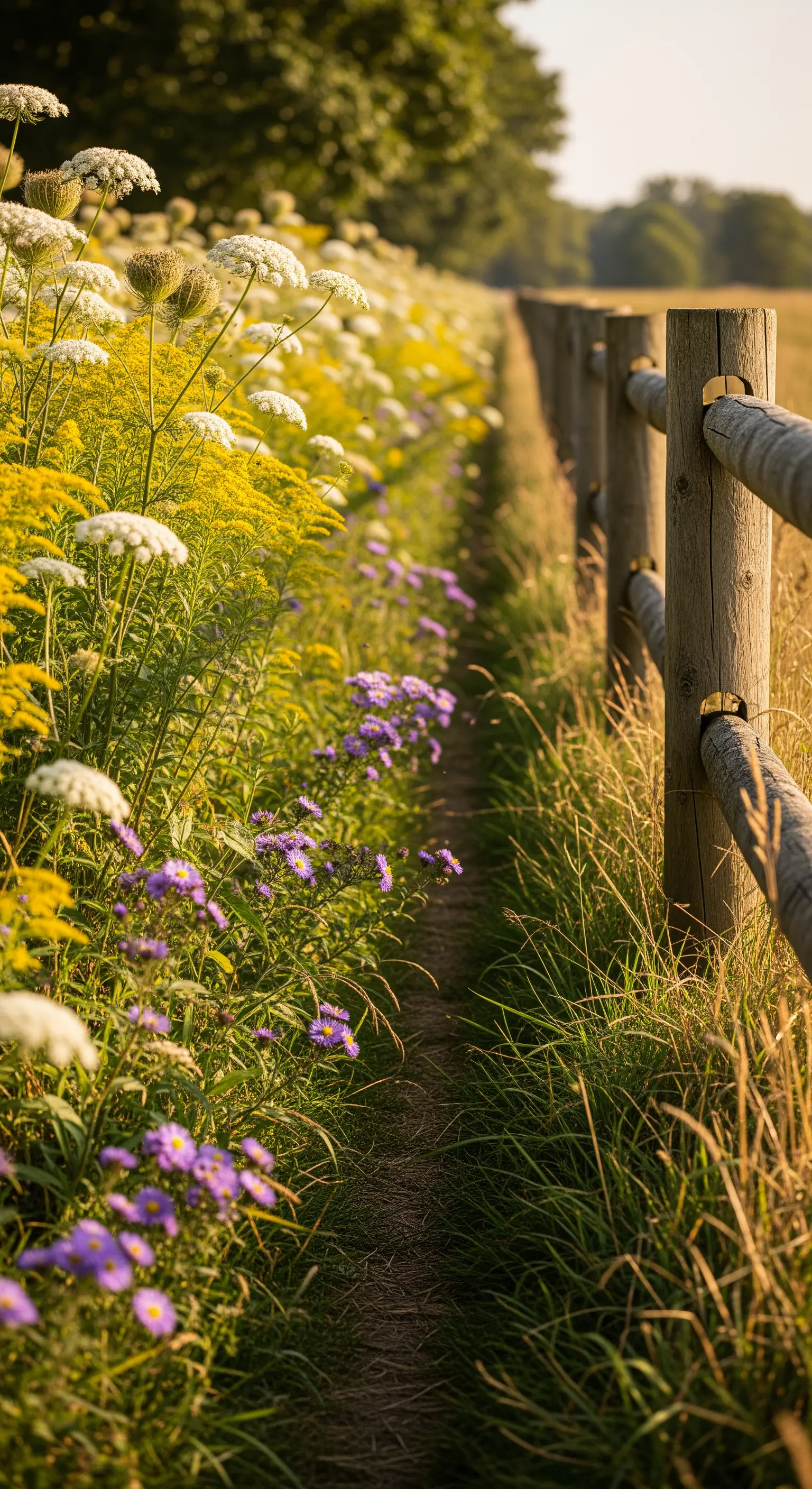 Stretto sentiero sterrato che costeggia una staccionata in legno e fiori di campo.