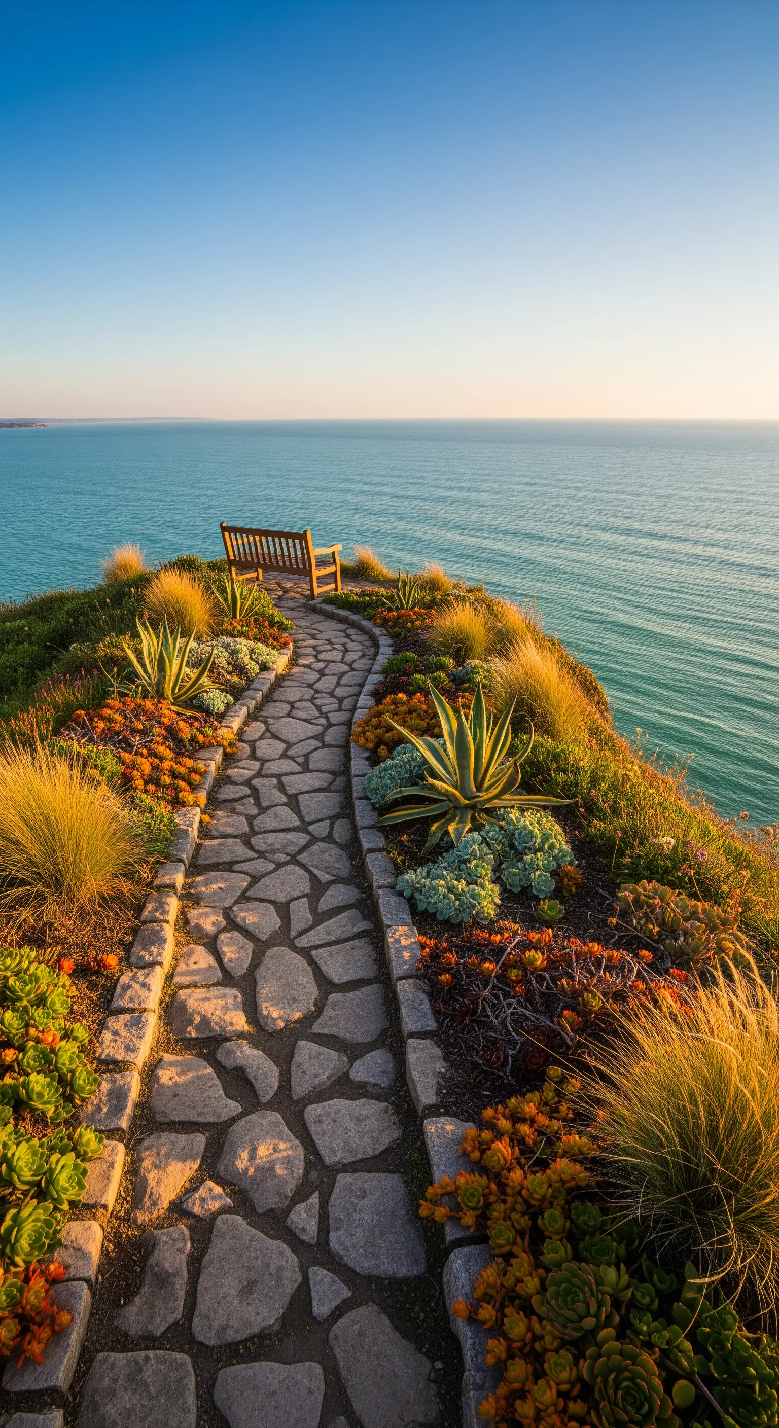 Sentiero in pietra su una scogliera a picco sul mare, con piante grasse e una panchina.