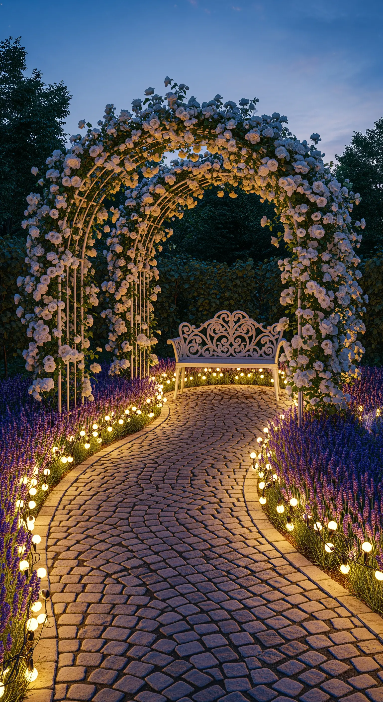 Arco di rose bianche che incornicia una panchina, con un sentiero illuminato da lucine calde.