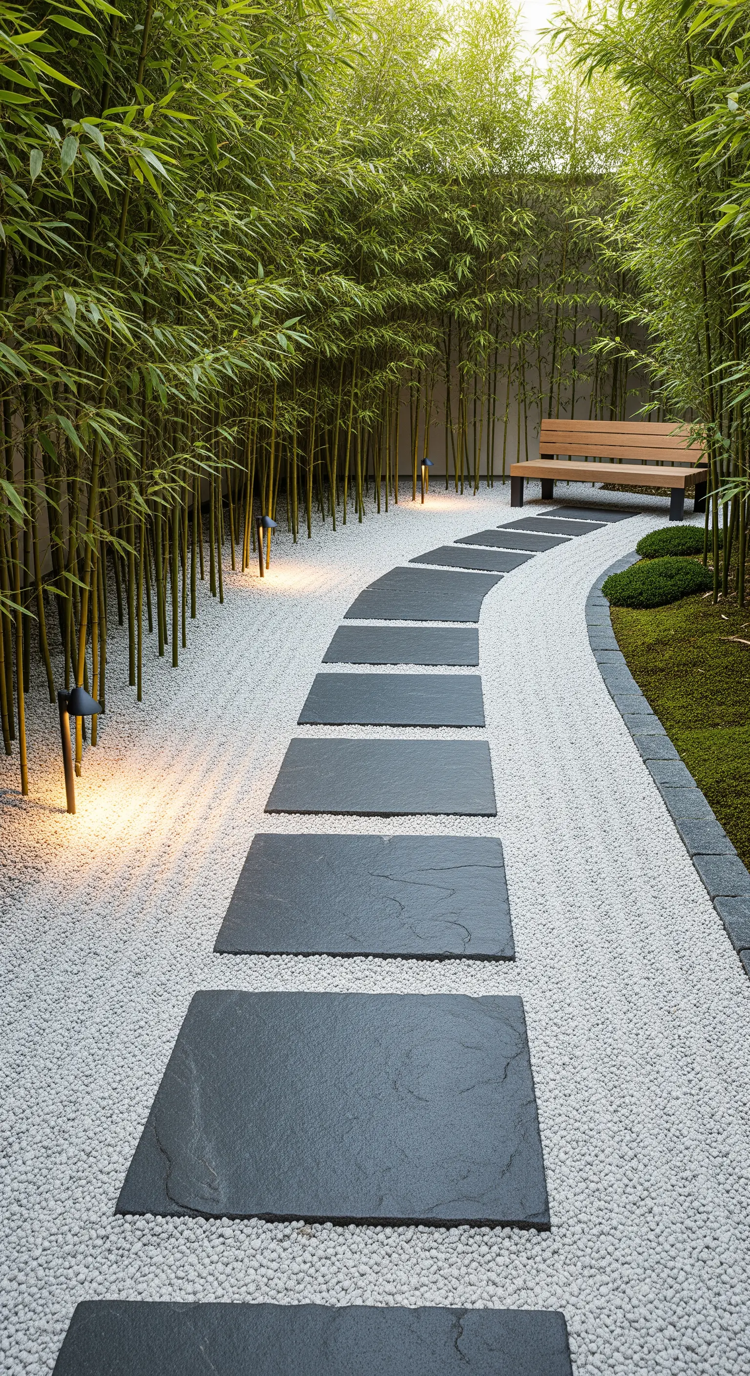 Sentiero in un giardino zen con lastre di ardesia su ghiaia bianca, costeggiato da bambù e piccoli faretti.