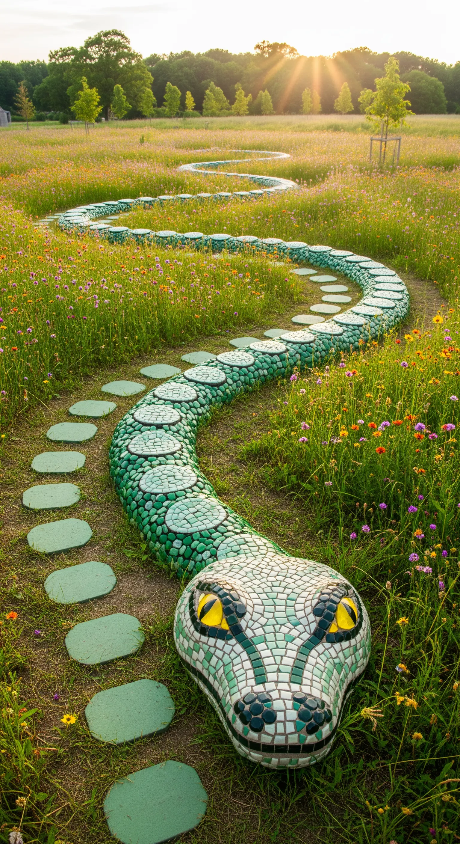 Sentiero a mosaico verde a forma di serpente che si snoda in un prato fiorito.