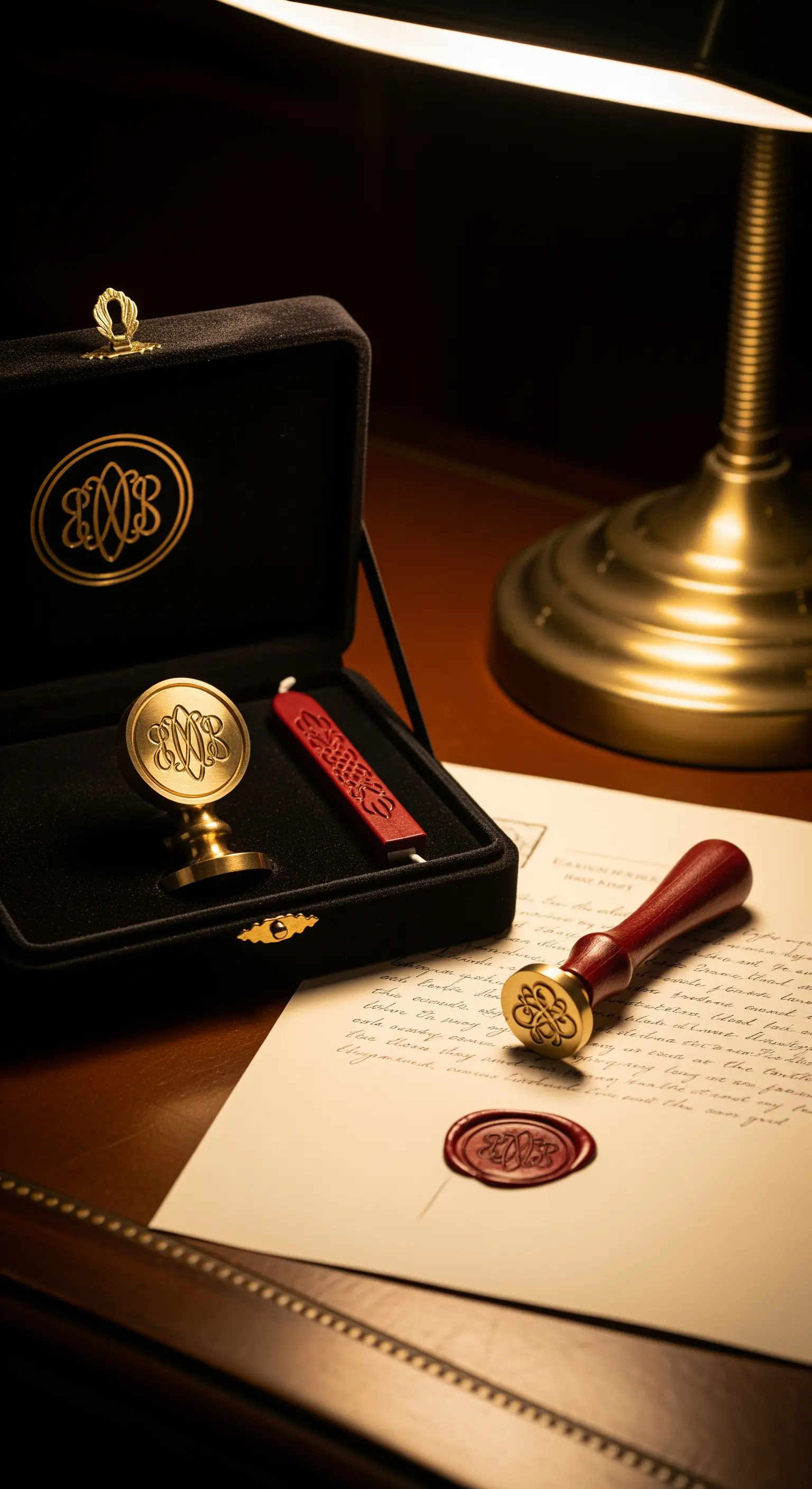 Set per sigillo in ceralacca personalizzato in una scatola, con una lettera sigillata.