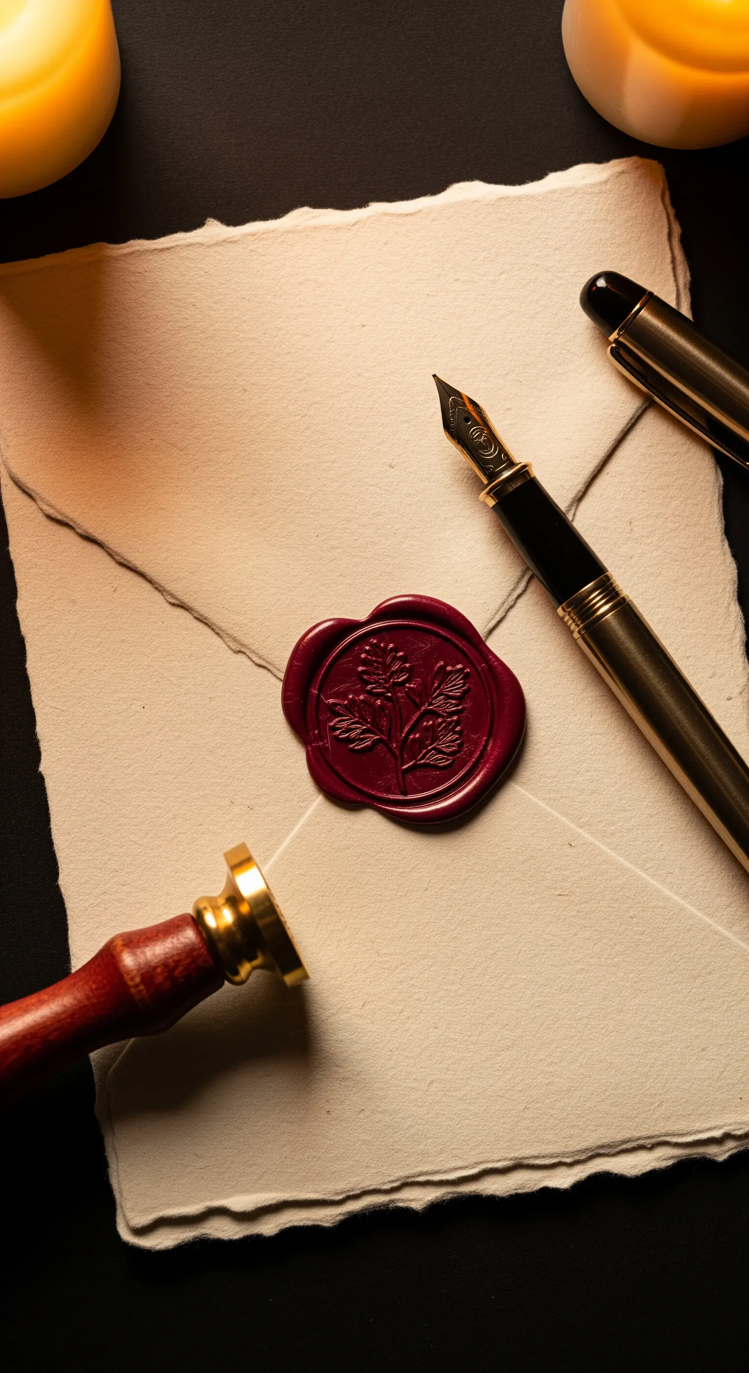 Busta chiusa con un sigillo di ceralacca rossa, accanto a una penna stilografica e un timbro.