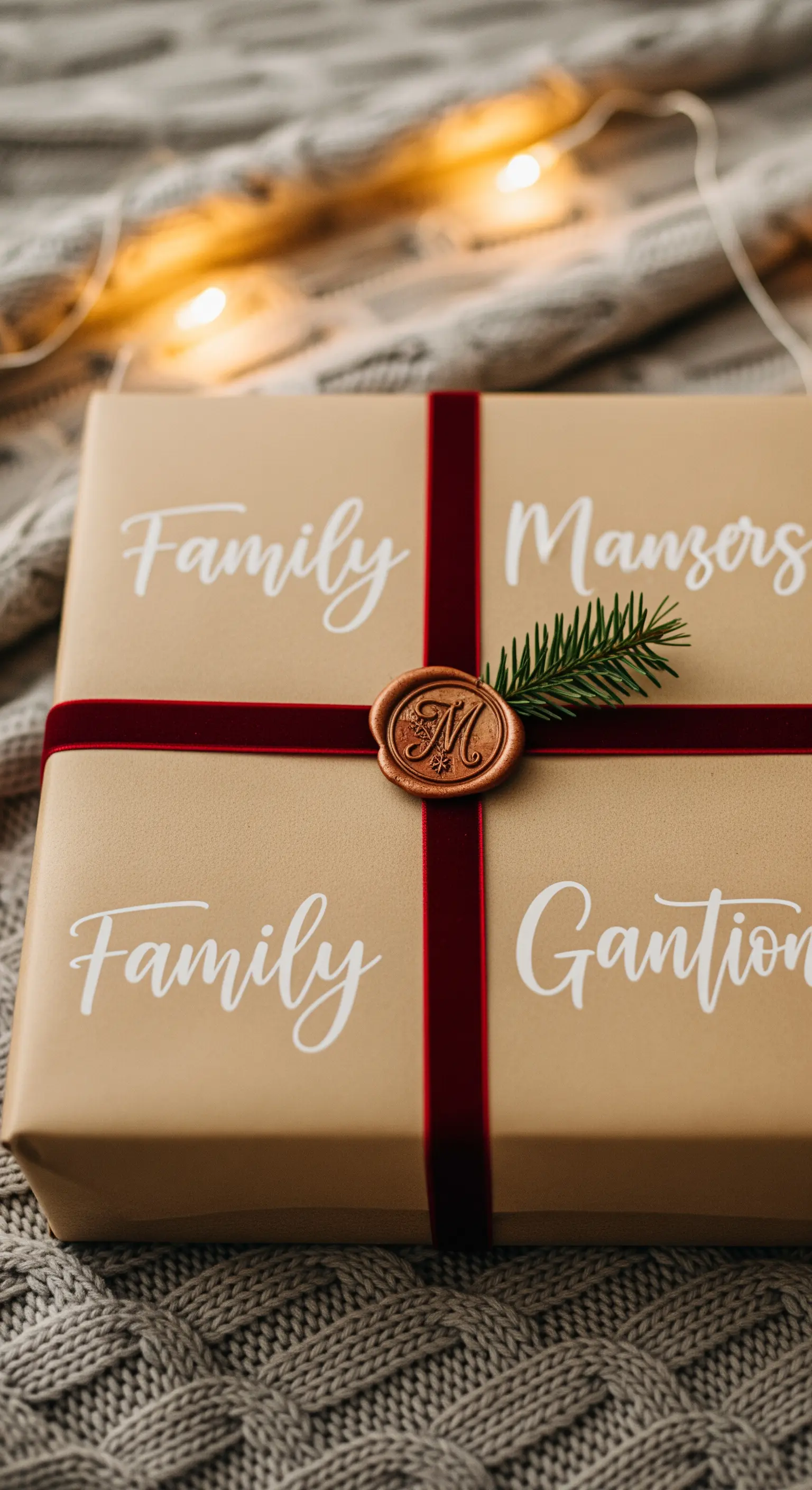 Pacchetto regalo in carta kraft con sigillo in ceralacca personalizzato e nastro di velluto.