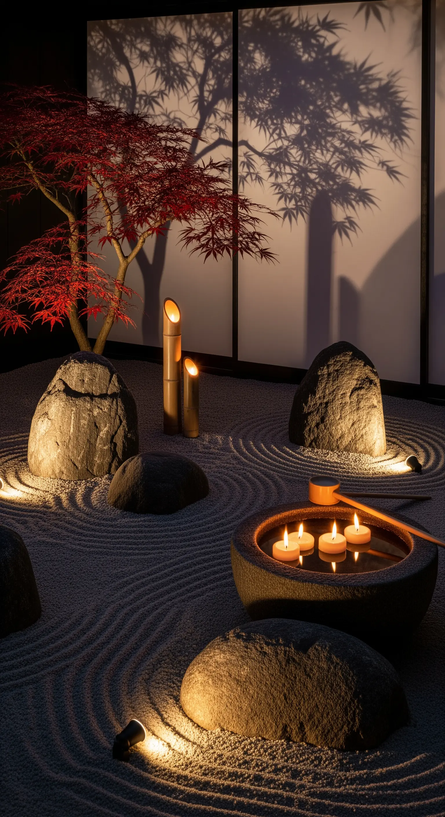 Giardino zen notturno con sabbia rastrellata, rocce e un acero rosso illuminati da faretti caldi.