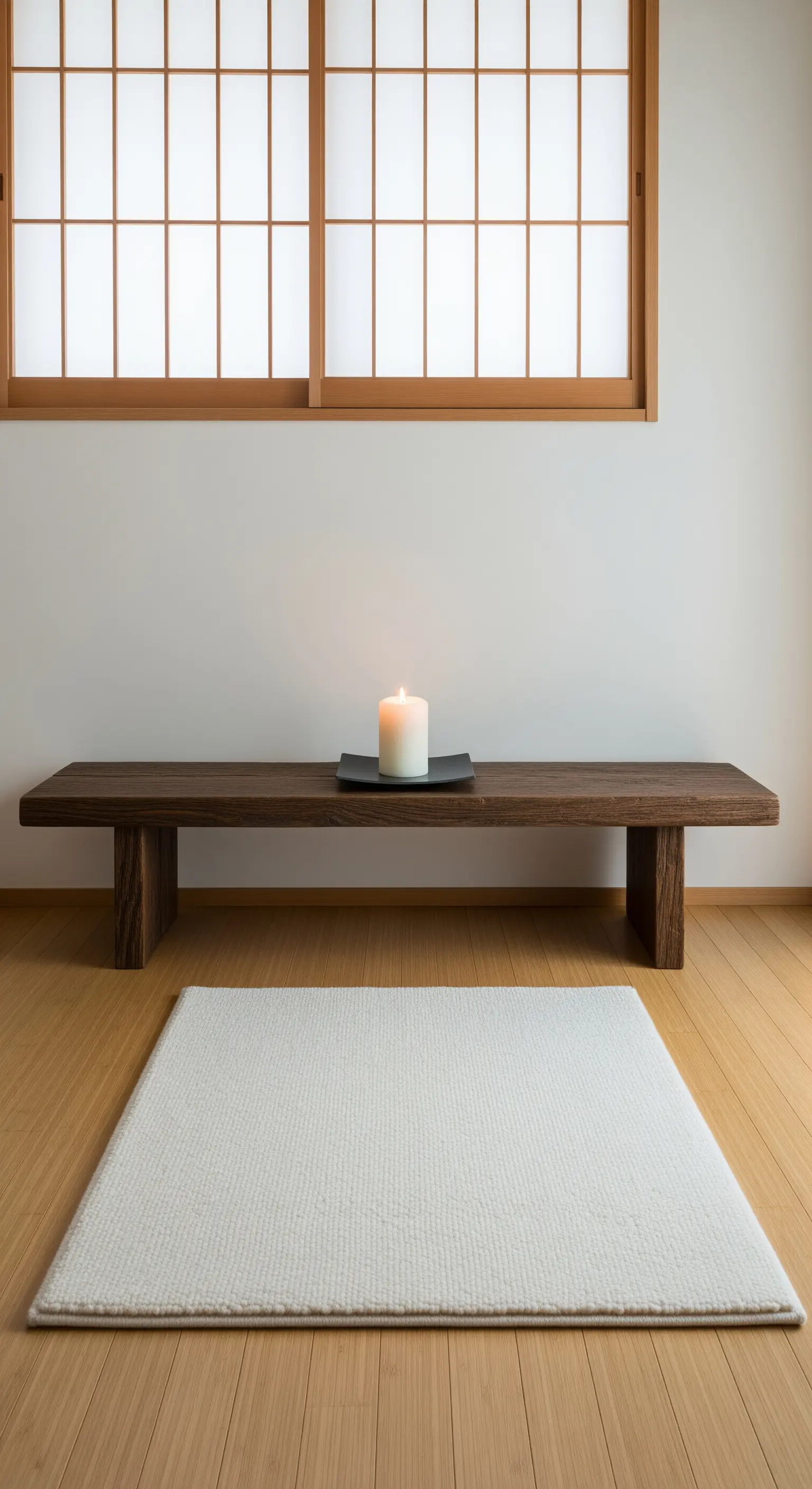 Ingresso minimalista in stile giapponese con panca bassa in legno e una sola candela.